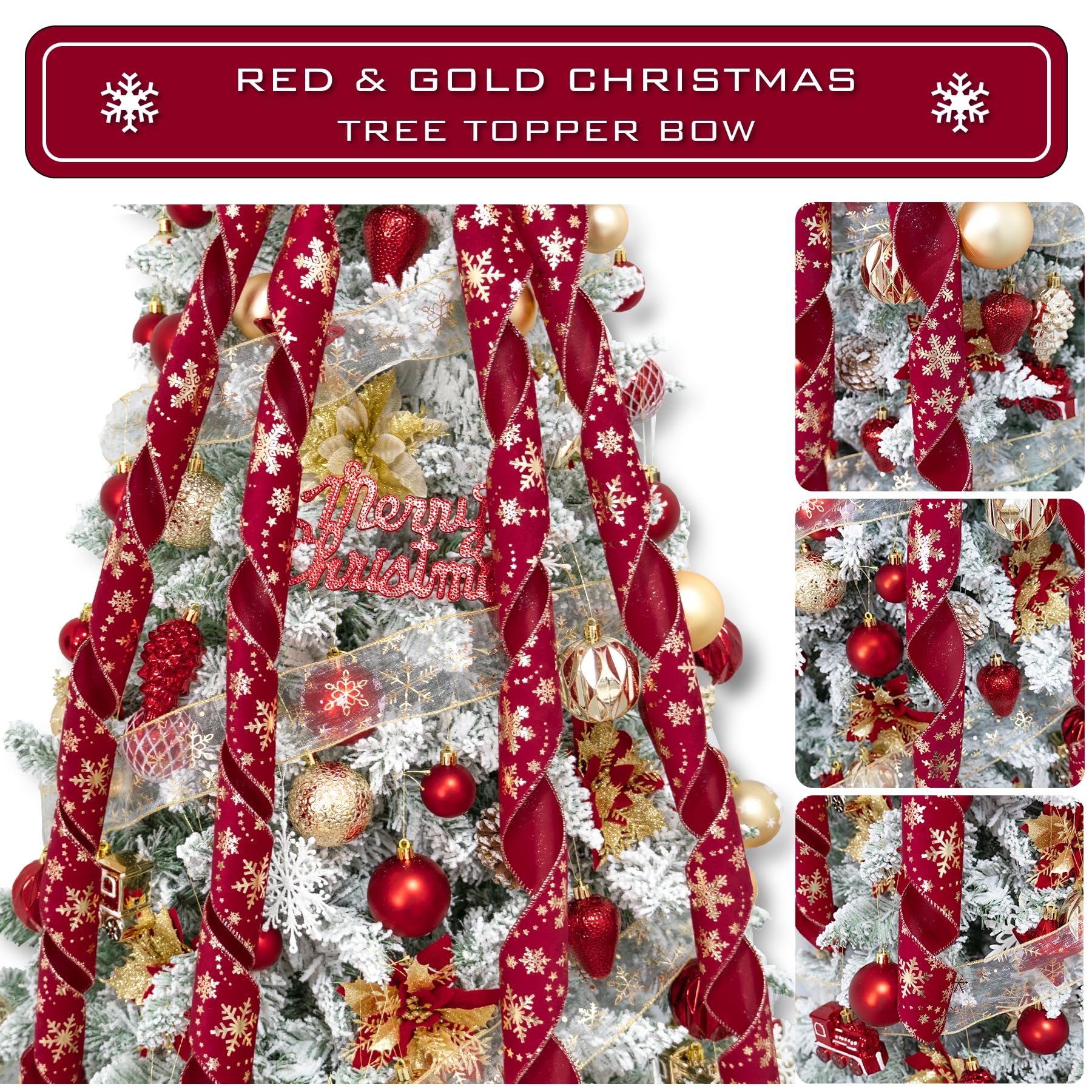 Hismir Christmas Tree Topper Bow, 53x13 Inches Large Christmas Velvet Topper Bow with Gold Snowflakes, Decorative Ribbon Bows fo