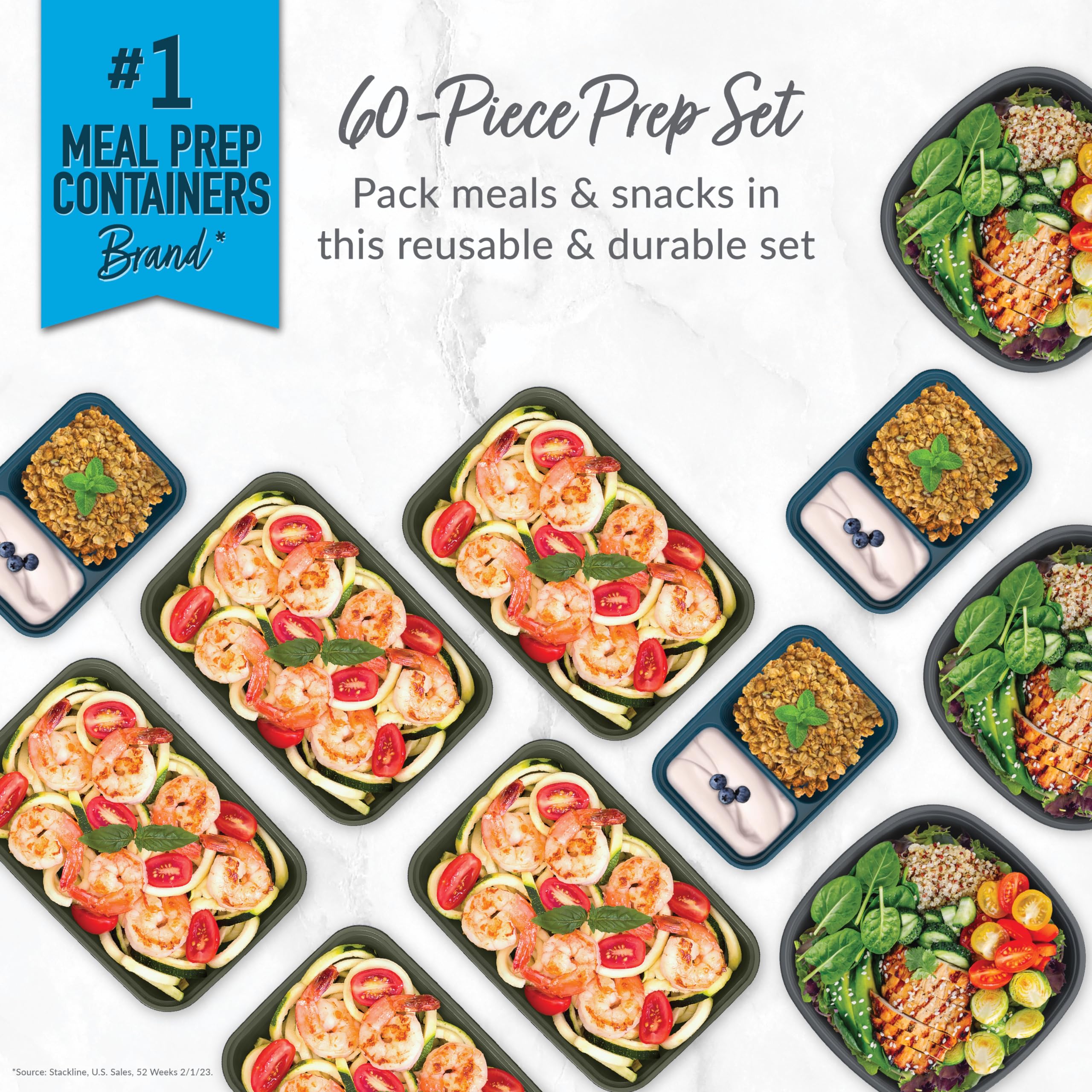Bentgo Prep 60-Piece Variety Meal Prep Kit - Reusable Food Containers 1-Compartment Trays, Prep Bowls, & Snack Boxes For Healthy