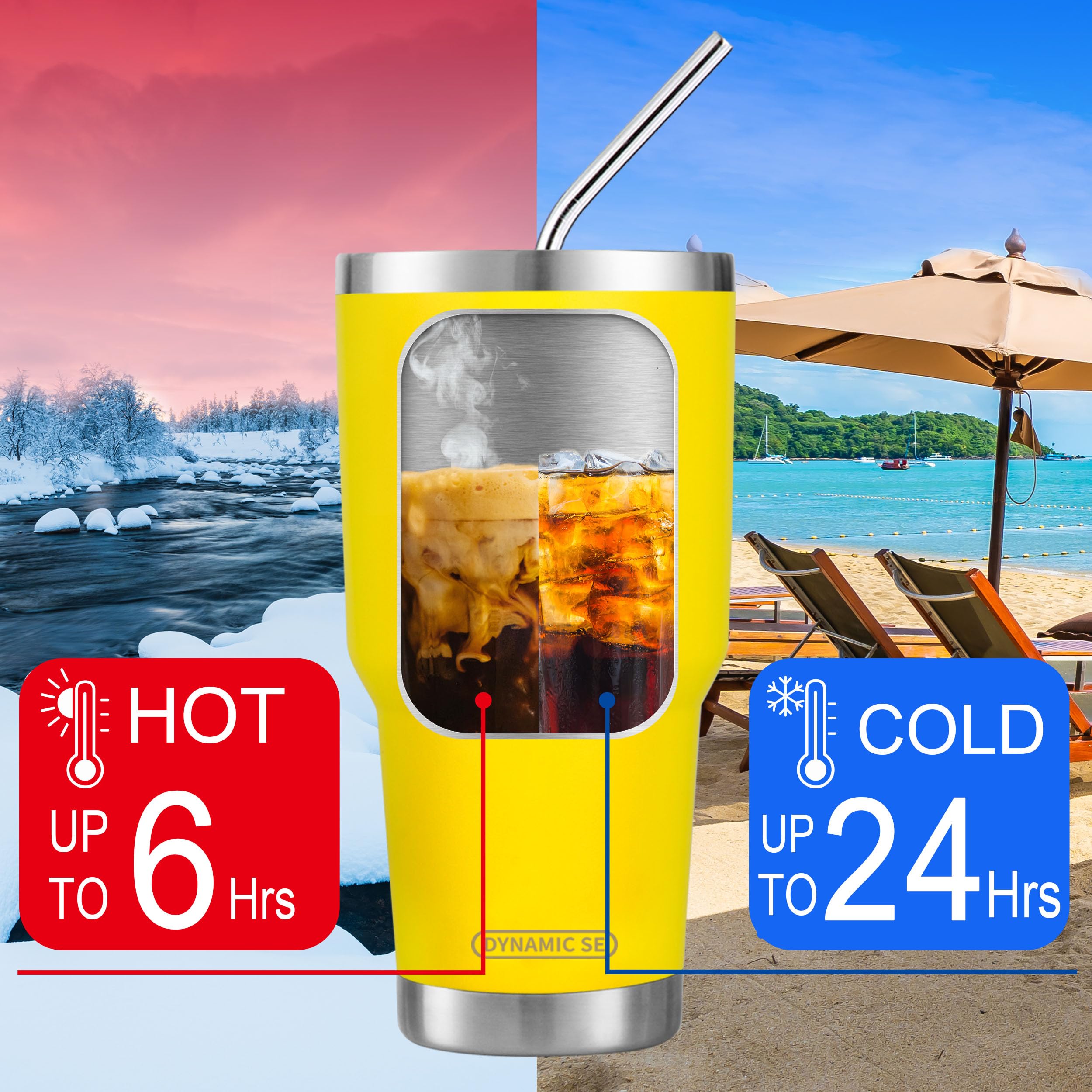 Ds 30Oz Yellow Tumbler Stainless Steel Insulated Travel Mug With Straw Lid Cleaning Brush (30Oz Yellow)