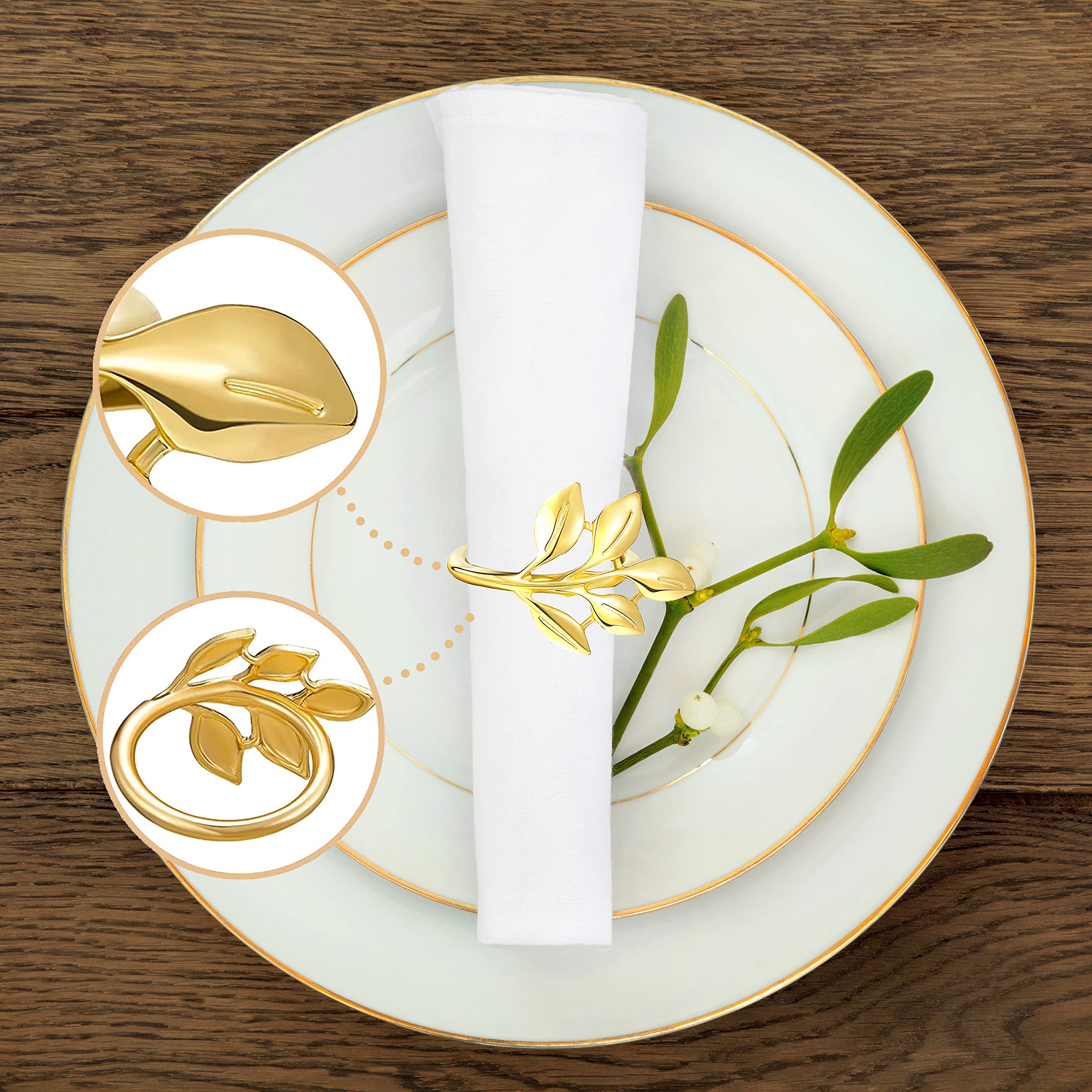 Leaf Gold Napkin Rings Set Of 20 Pcs - Home Decor For Cloth Napkins - Stylish Gold Napkin Holder - Kitchen Decor And Wedding Dec