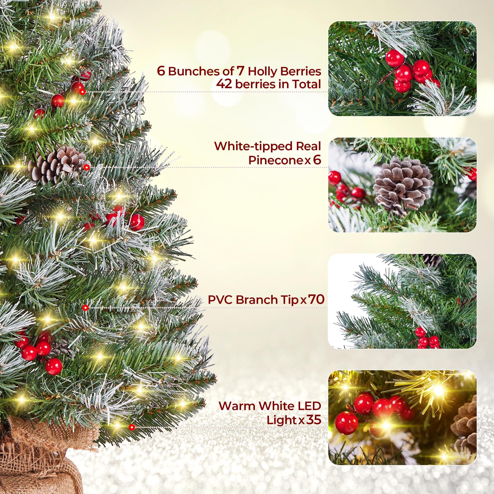 Yaheetech 4Pcs Pre-Lit Artificial Mini Christmas Tree, 2ft Frosted Tabletop Small Christmas Tree with LED Lights, Red Berries &