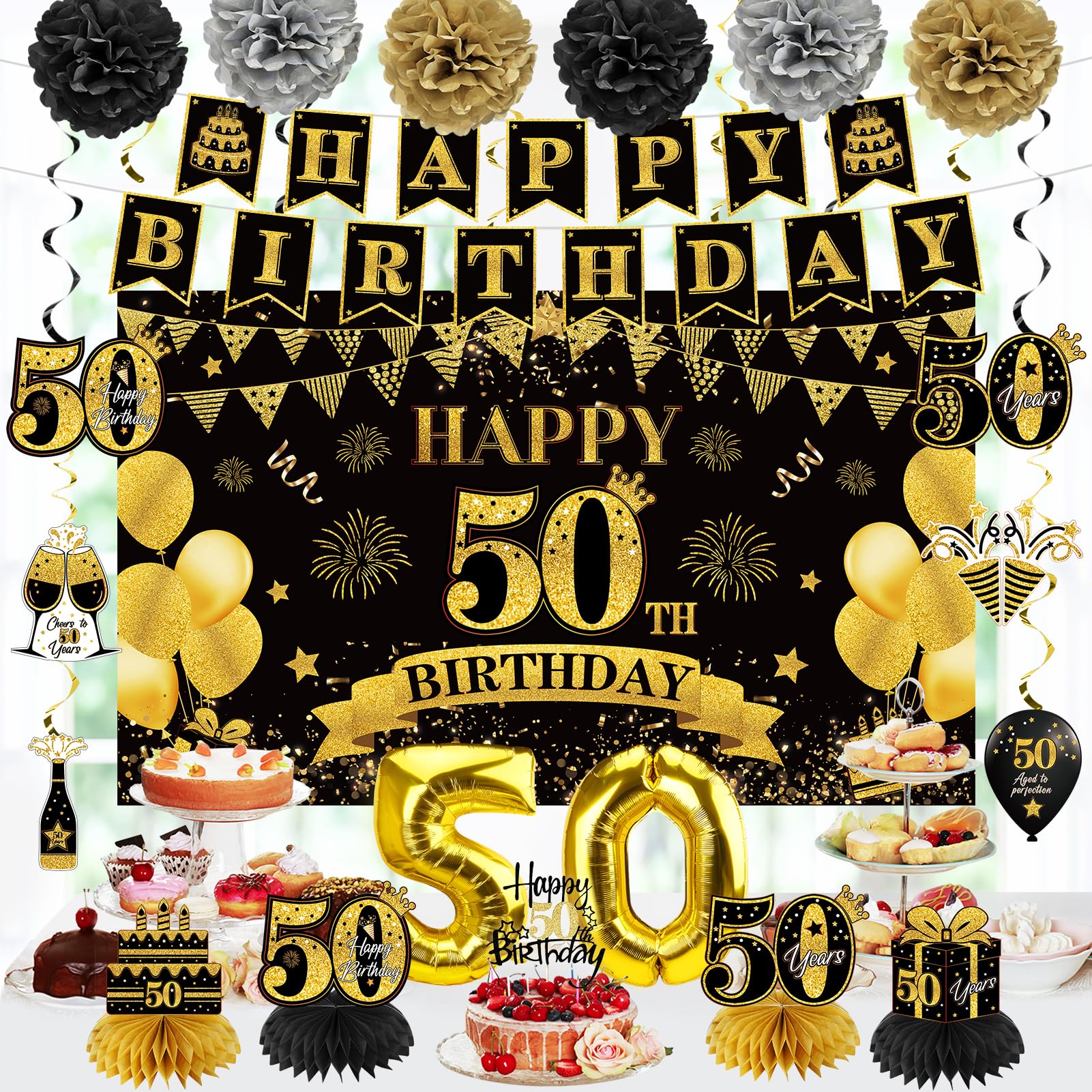 Eucutur 42Pcs 50Th Birthday Decoration Kit For Men Women, Black Gold Happy 50Th Bday Banner Balloons Honeycomb Centerpiece Swirl