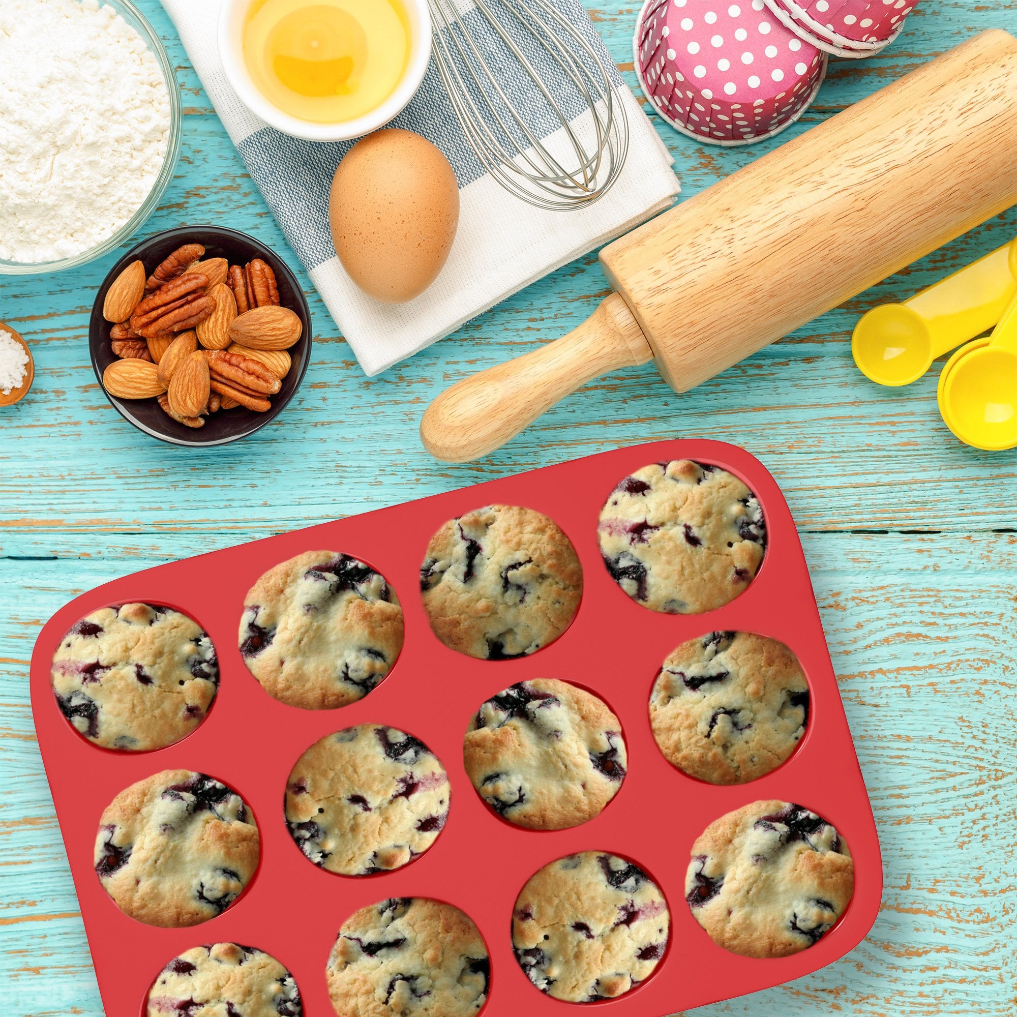 Chef Buddy Silicone Muffin Pan - Nonstick Baking Tray with 12 Cups - 13"x10"x1.5", Red - Microwave, Oven, Freezer, Dishwasher Safe