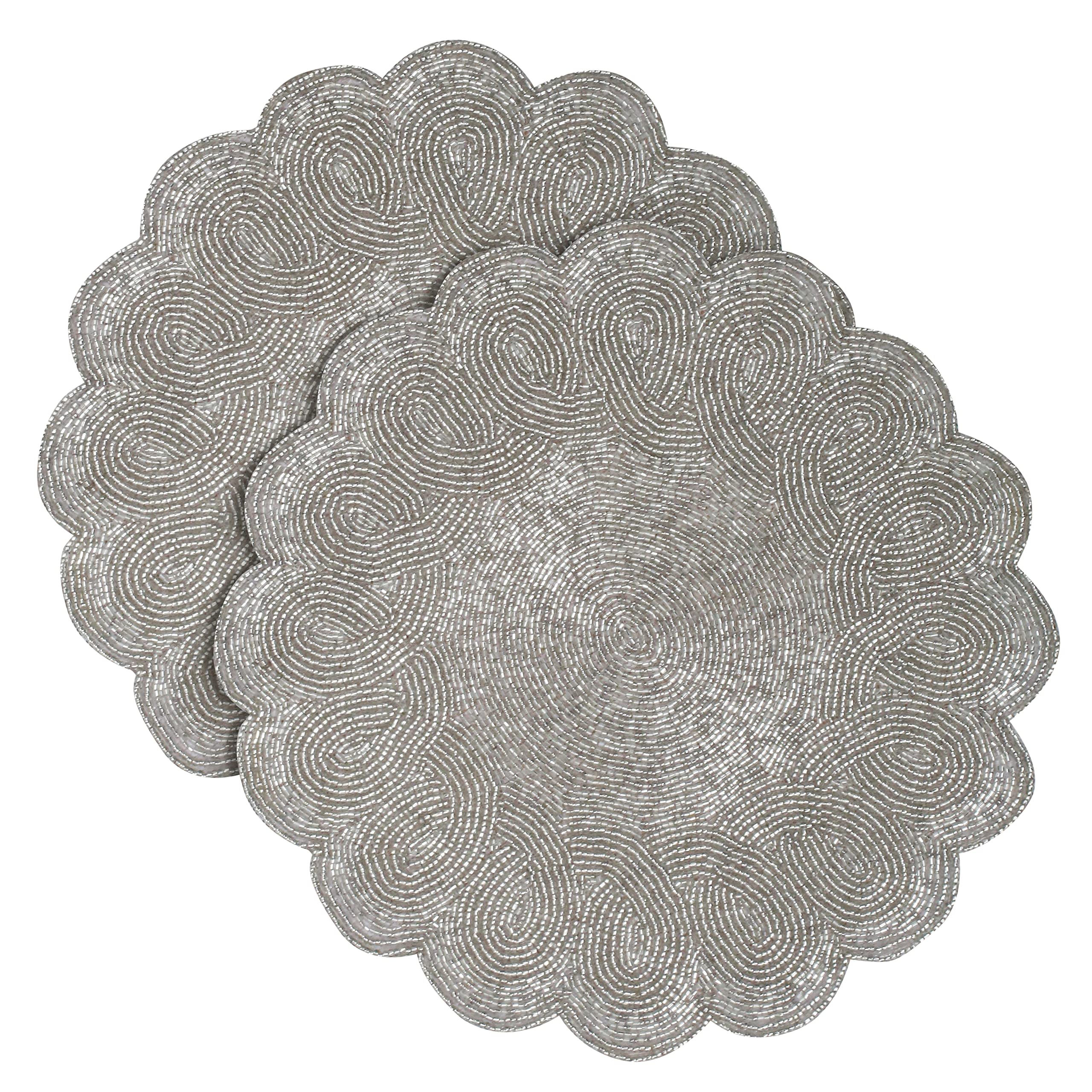 Lightnpro Christmas Beaded Placemat Silver, Scalloped Round Hand Beaded Charger Placemat, Thanksgiving Placemat - Silver - 13 In