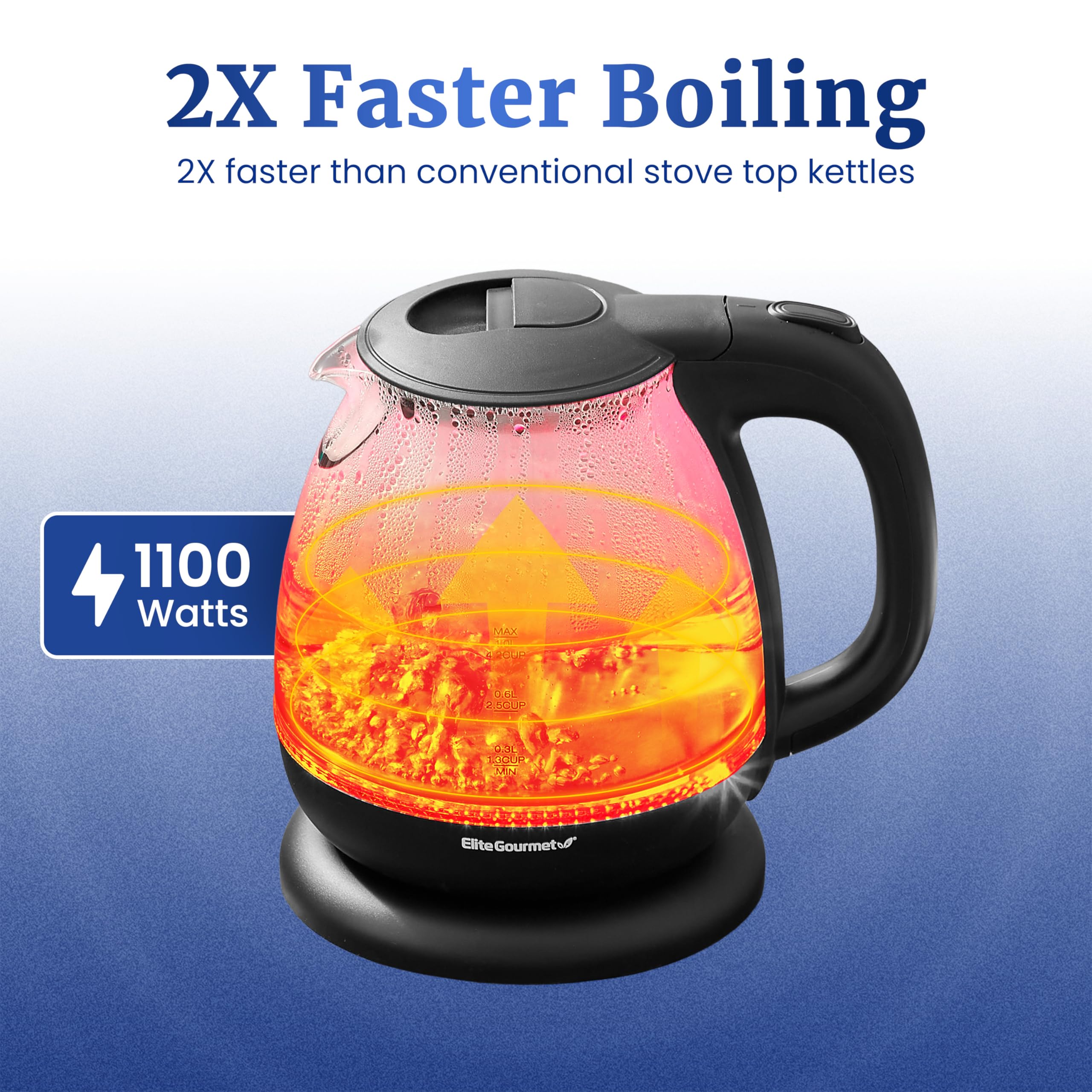 Elite Gourmet Electric Glass Kettle 1.0L, BPA-Free, 1100W, Stylish Blue LED, Auto Shut-Off, Graphite Black, Model EKT1001B