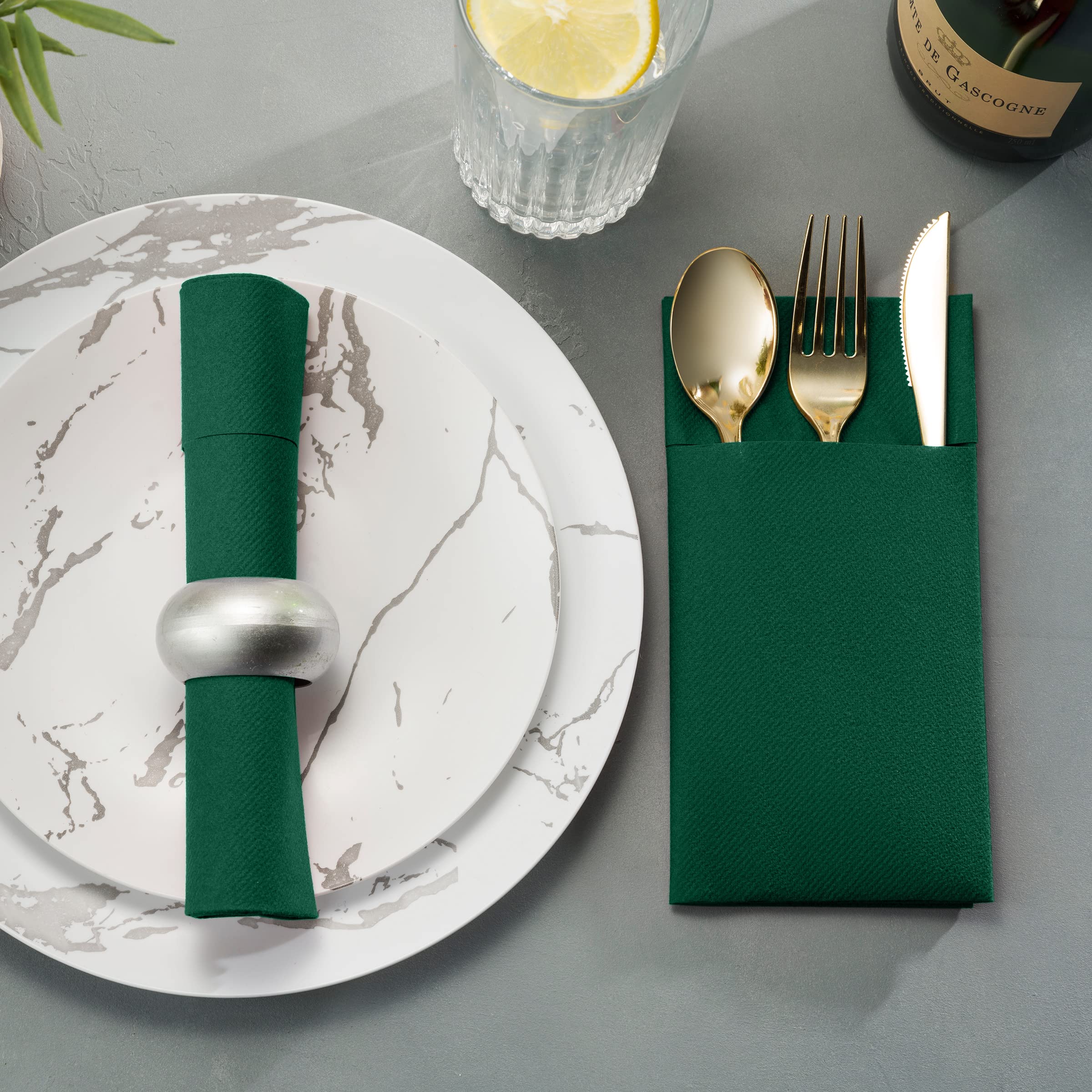 Disposable Linen-Feel Dinner Napkins with Built-in Flatware Pocket  50-Pack GREEN Prefolded Cloth Like Paper Napkins For Dinner  Wedding Or Party [Silverware NOT Included]