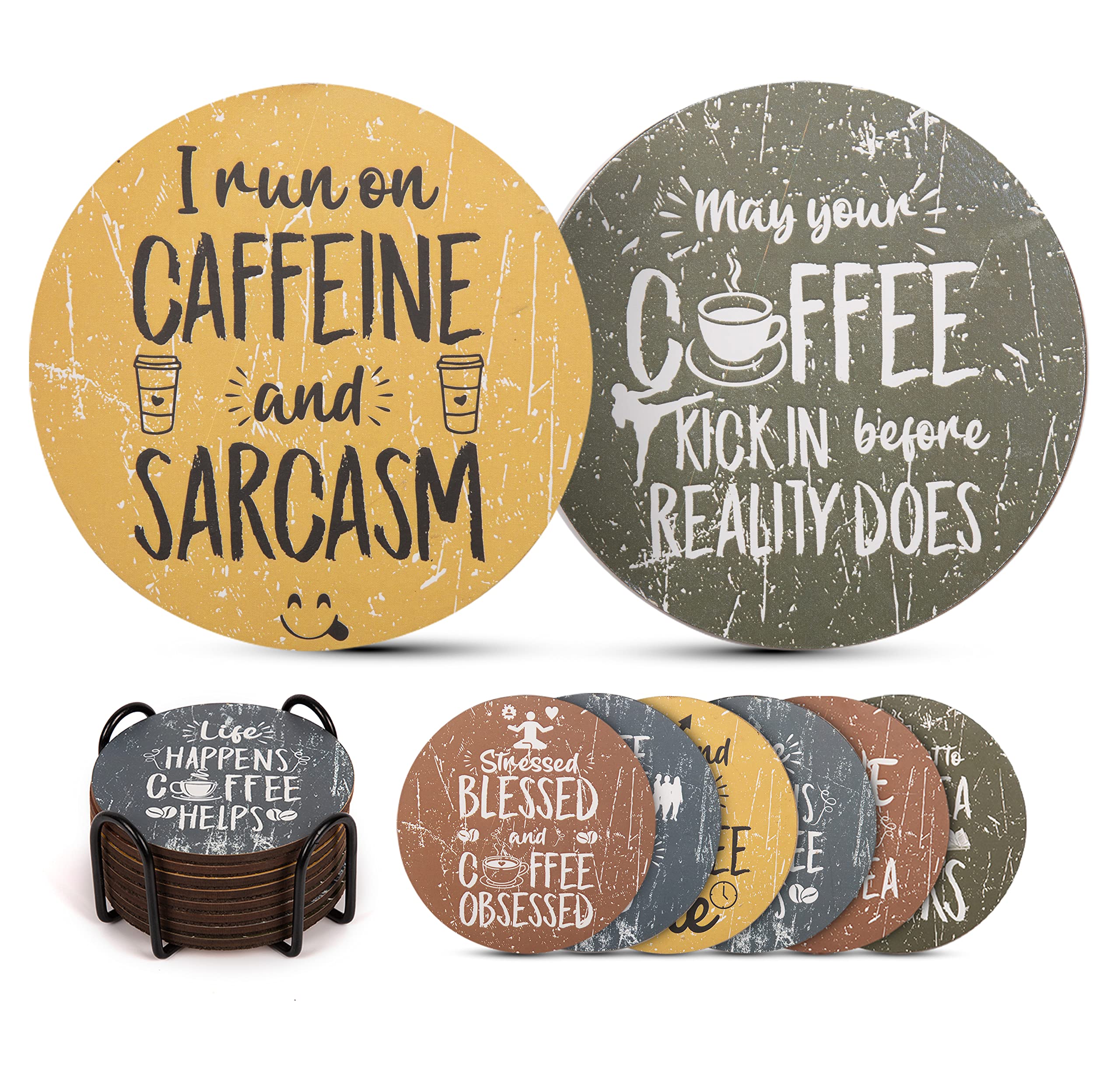Habitage Funny Coasters For Coffee Table - Set Of 8 With Holder, Absorbent Cork Base For Tabletop Protection, Made Of Engineered