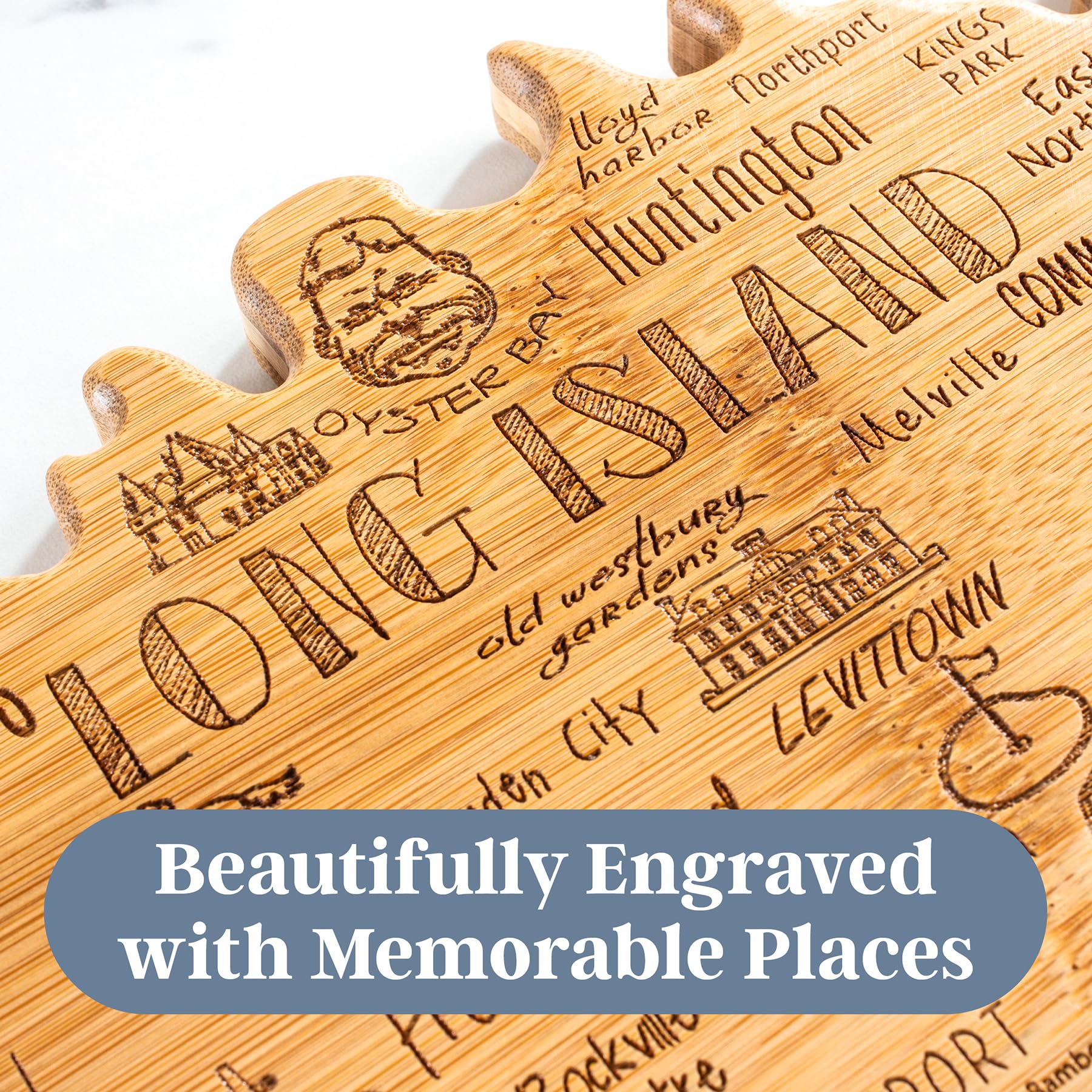 Totally Bamboo Destination Long Island Shaped Cutting Board, Charcuterie and Cheese Serving Board - Long Island Gift for Home D