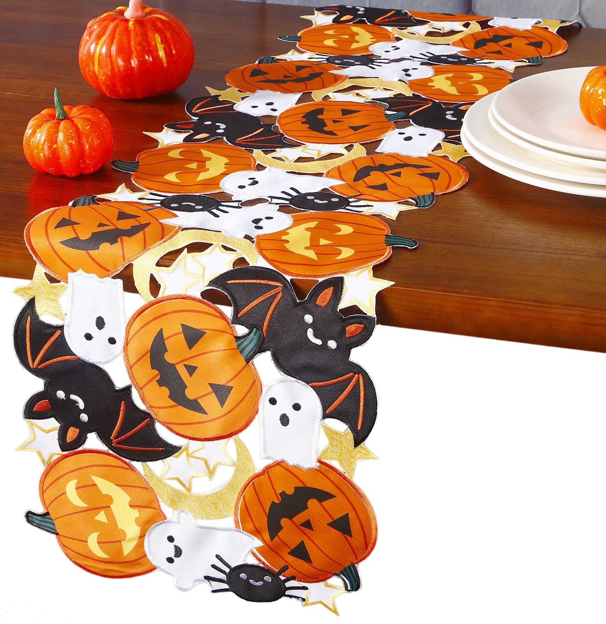 Holiday Halloween Table Runner 13''X36'' ,Cutwork Applique Embroidered Pumpkins And Bats Dresser Scarf For Home Dining Autumn Th