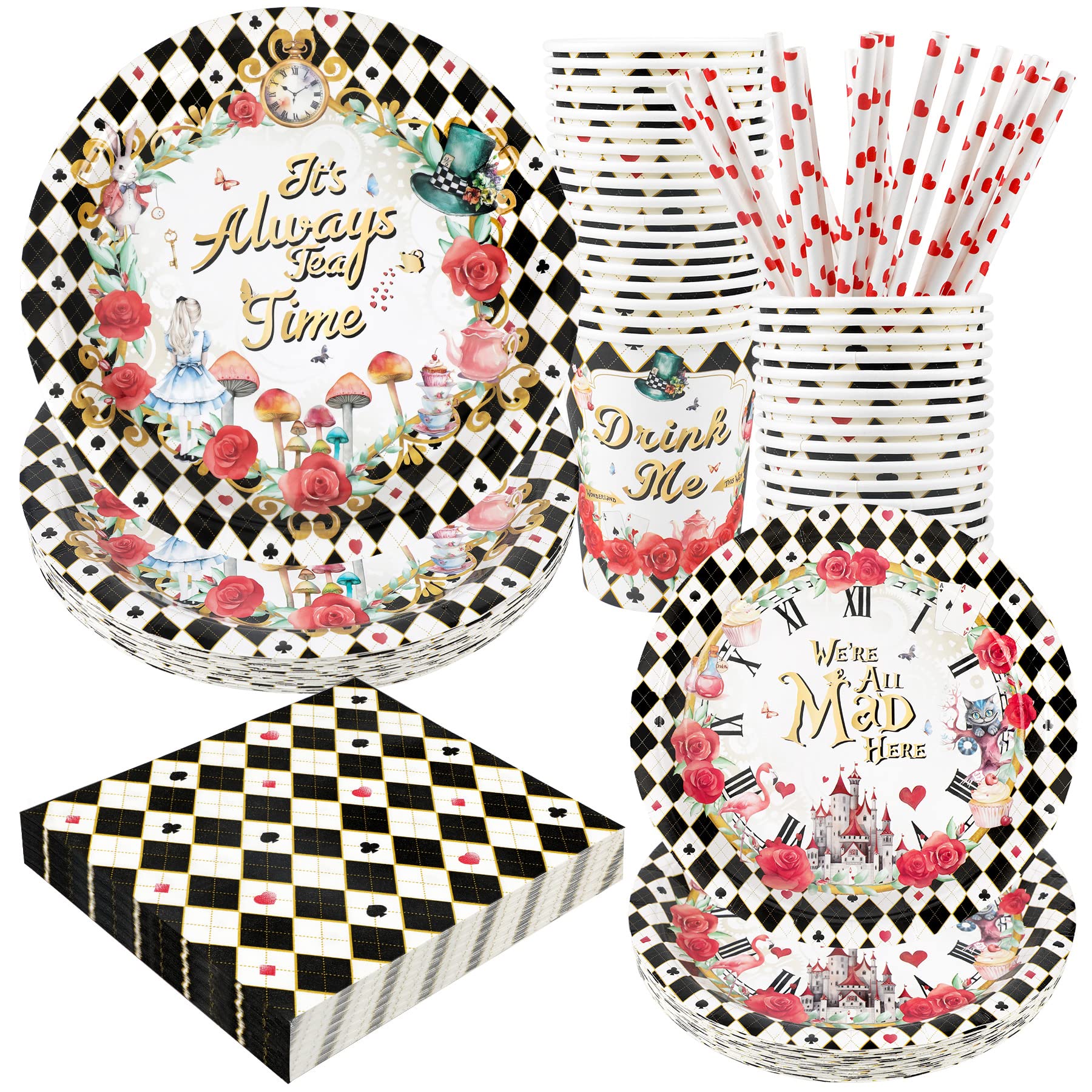 Alice Party Supplies Decorations, Tea Party Theme Birthday Baby Shower Paper Plates And Napkins Set With Cups And Straws For 24