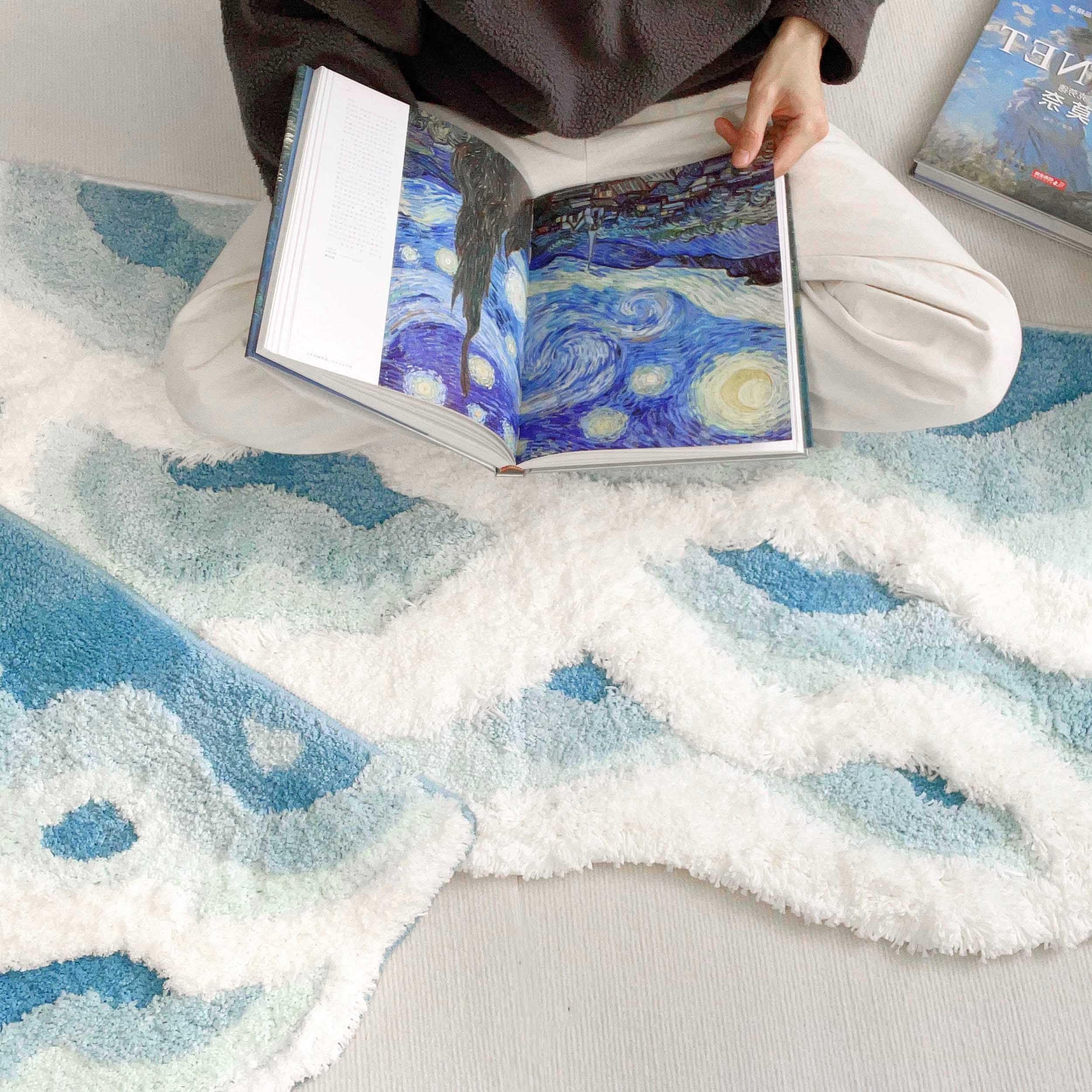 Zshifang 2X6 Feet Shag 3D Stereo Wave Moss Bedside Rug 23''  72'' Cute Navy Blue Runner Rug Non Slip Washable Bathroom Rugs Bath