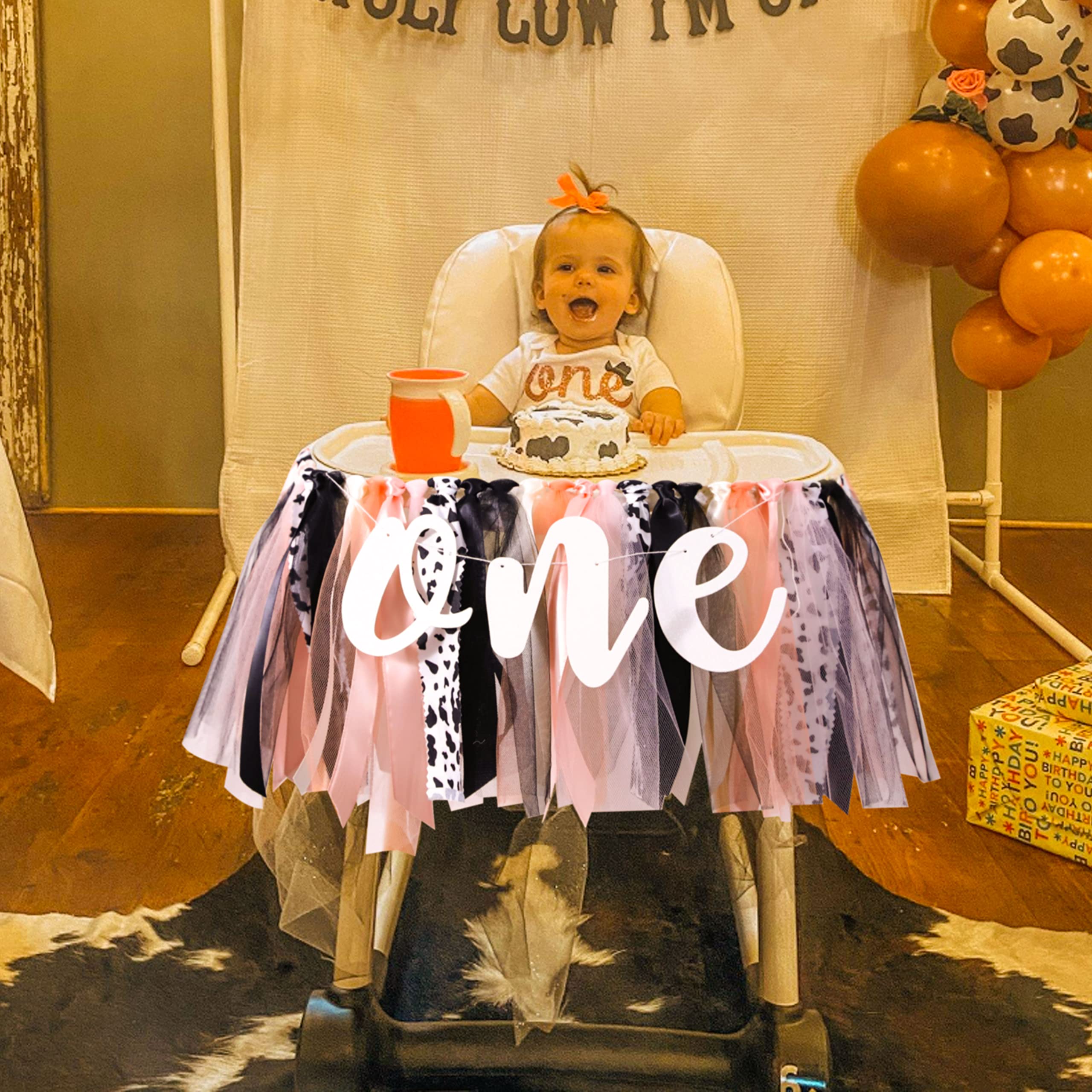 Cow Theme High Chair Banner Tutu Skirt - Farm Peach Coral Birthday Decoration - 1St/First Highchair Banner,Girl Birthday Party P
