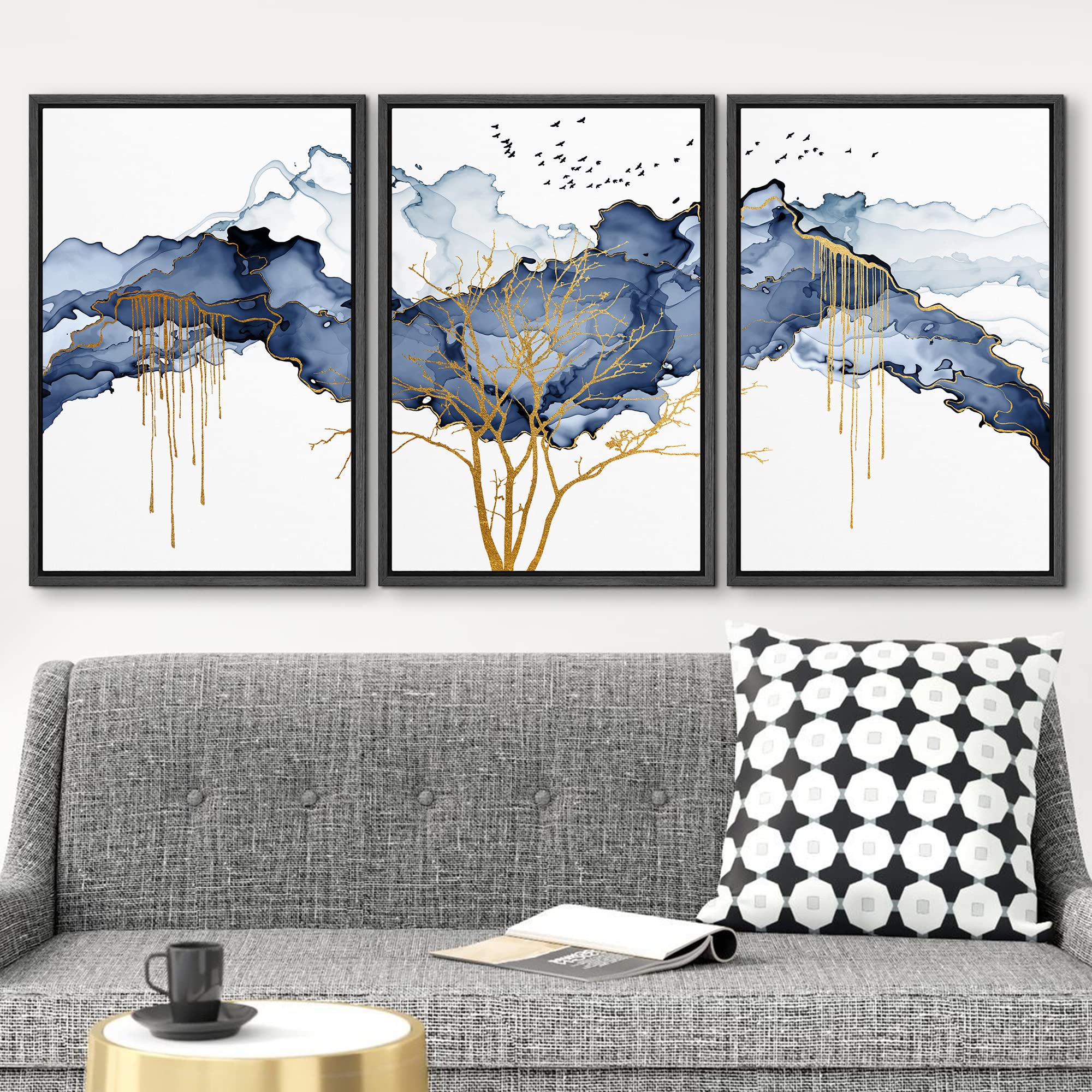 Wall26 Framed Canvas Print Wall Art Set Blue Pastel Paint Stroke Cloud Birds Gold Tree Nature Abstract Illustrations Modern Art