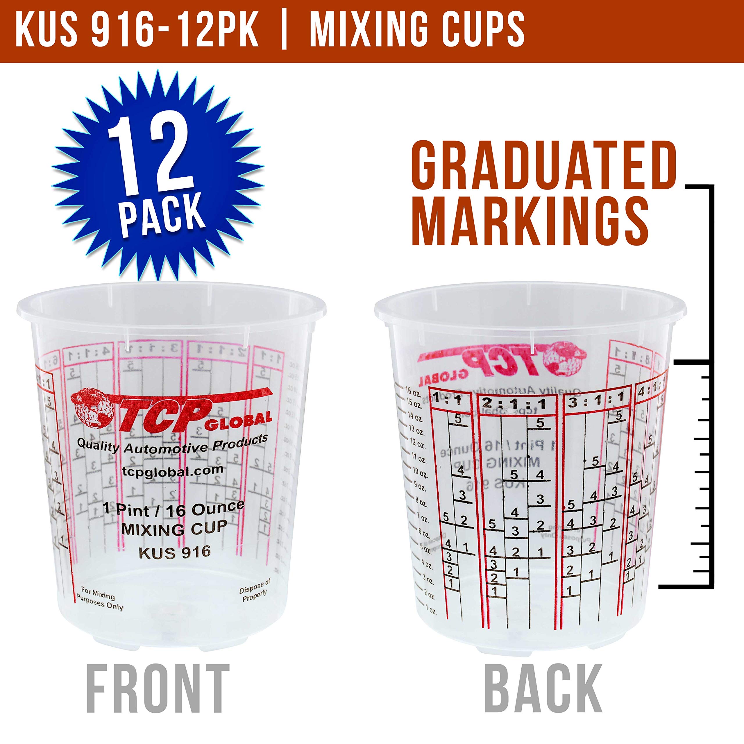 Custom Shop - Pack Of 12 Each - 16 Ounce Paint Mixing Cups - 1 Pint - Cups Have Calibrated Mixing Ratios On Side Of Cup