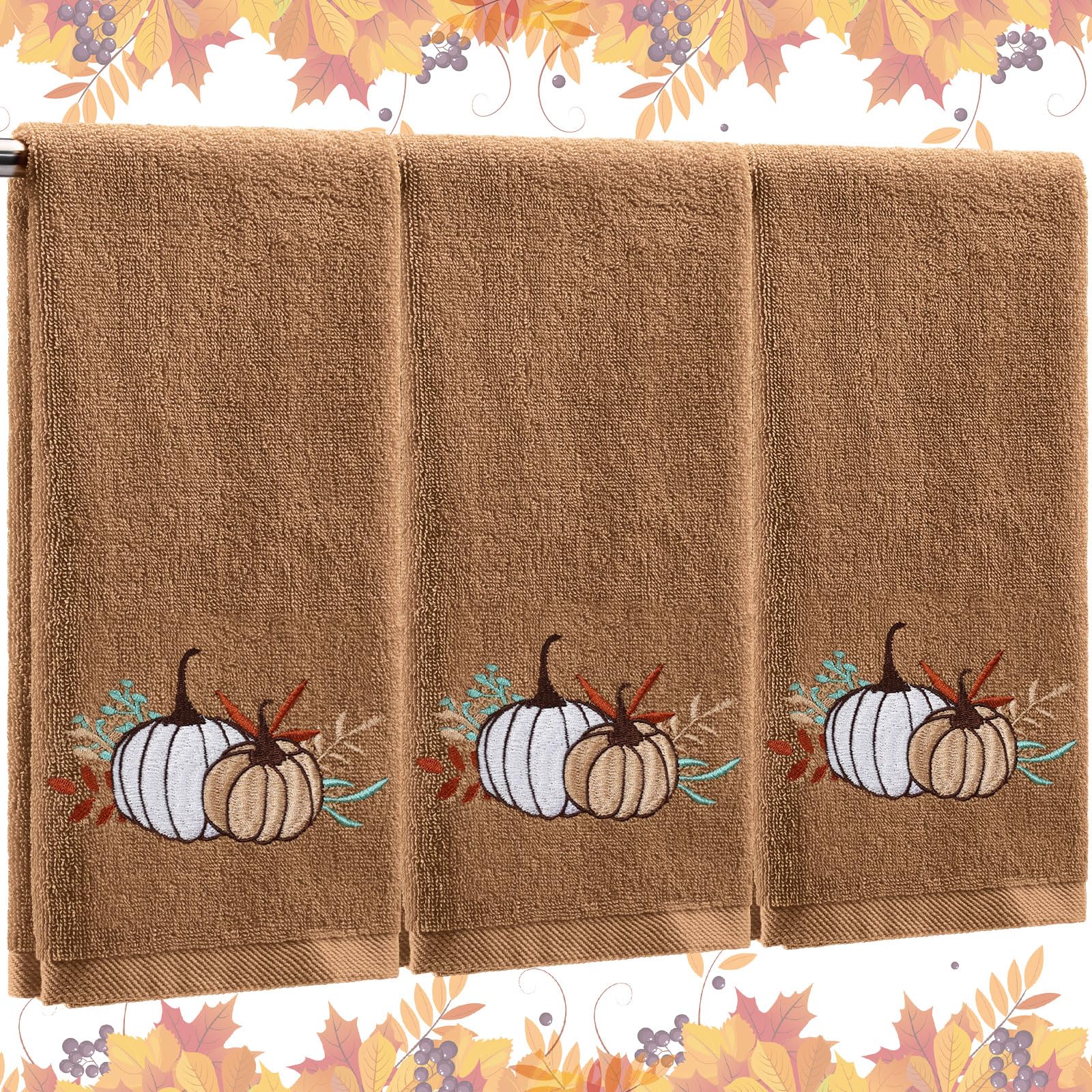 Fanfanwin 3 Pcs Thanksgiving Hand Towels For Bathroom 13.8 X 29.5'' Fall Decorative Bath Towels Sets 100% Cotton Embroidered Pum