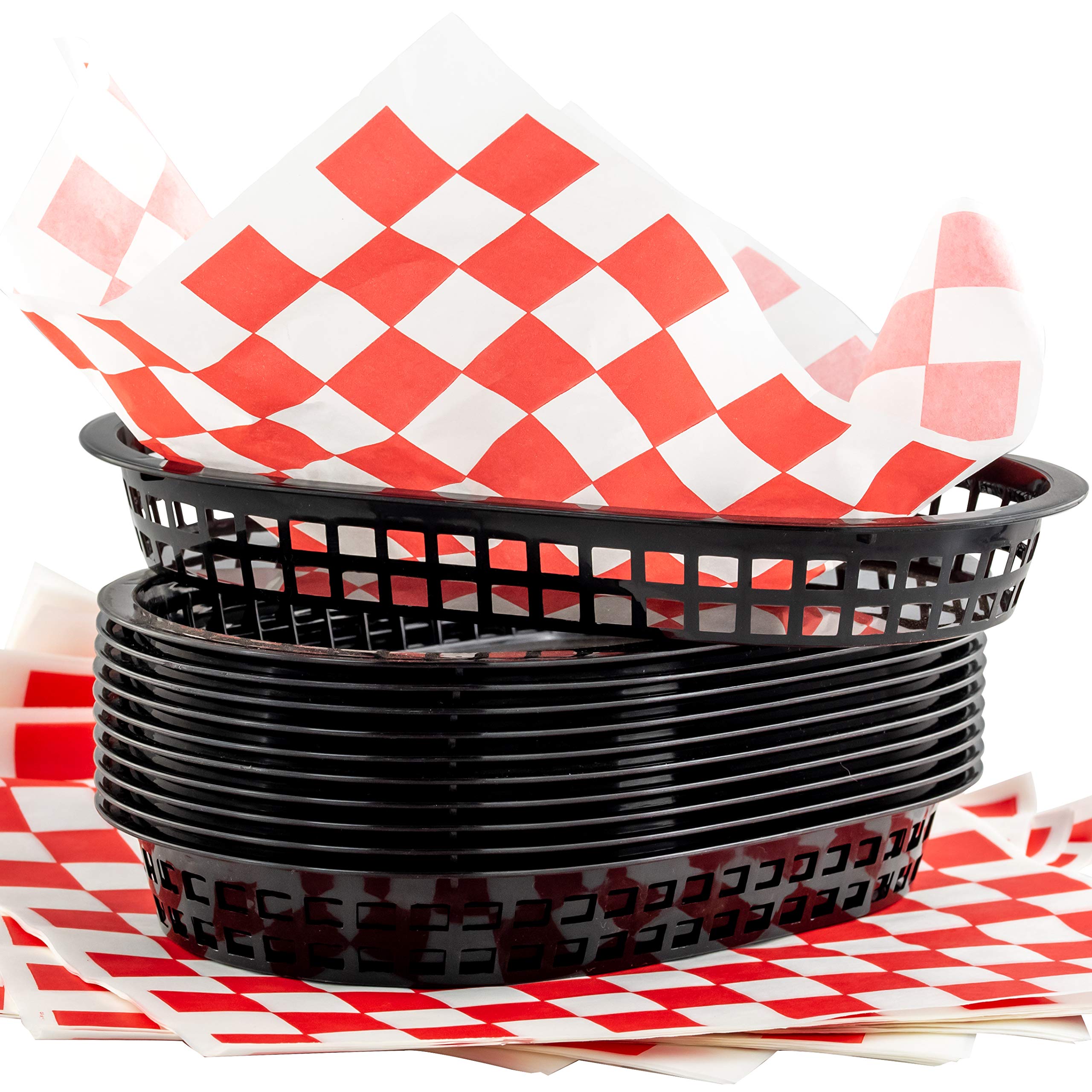 Retro Style Black Fast Food Basket (6 Pk) and Red Checkered Deli Liner (60 Pk) Combo. Classic 11 In Deli Baskets Are Microwavabl