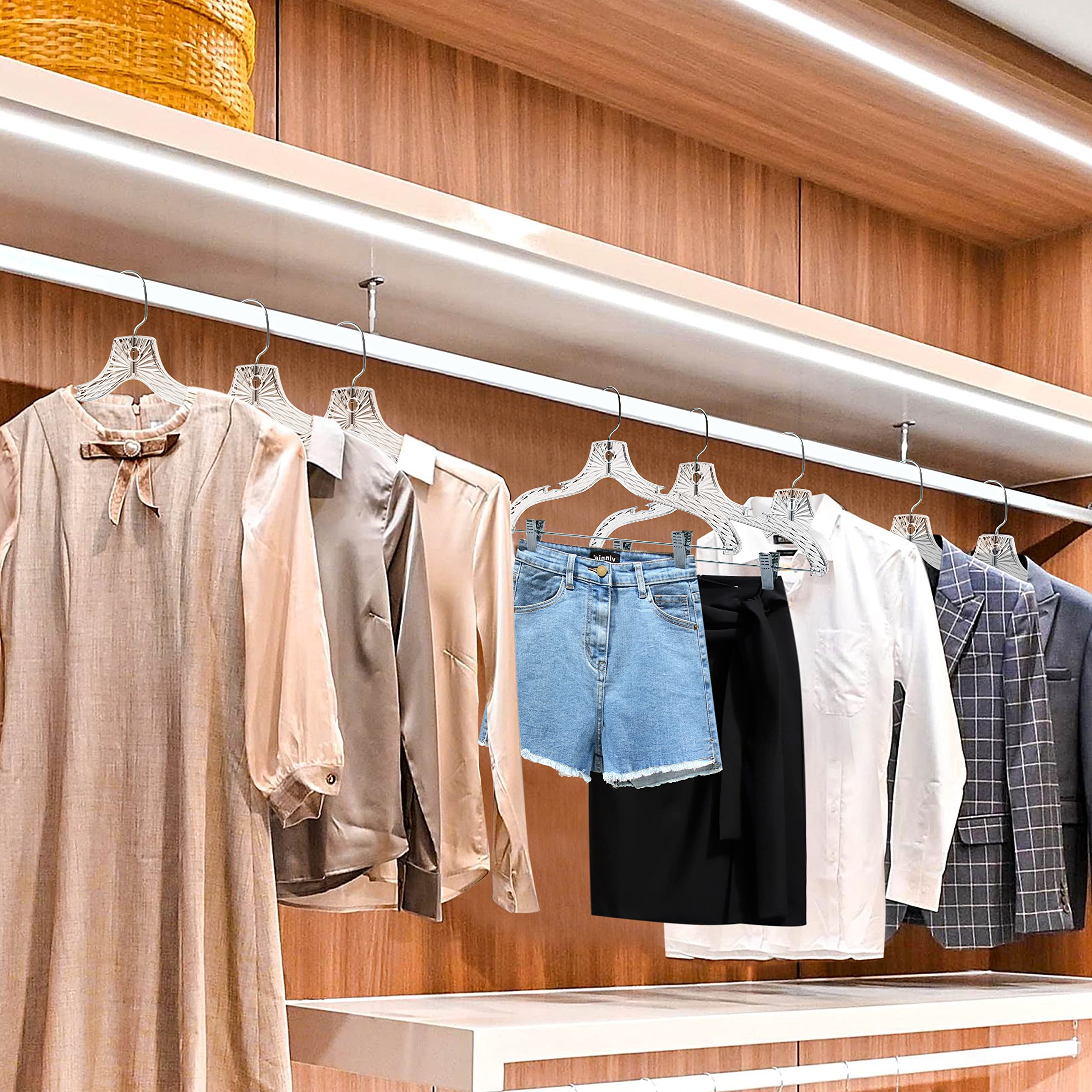 Quality Hangers 12 Pack Clear Plastic Skirt Hangers - Crystal Cut Pants Hangers - Durable Plastic Hanger Set - Dress Hangers Wit