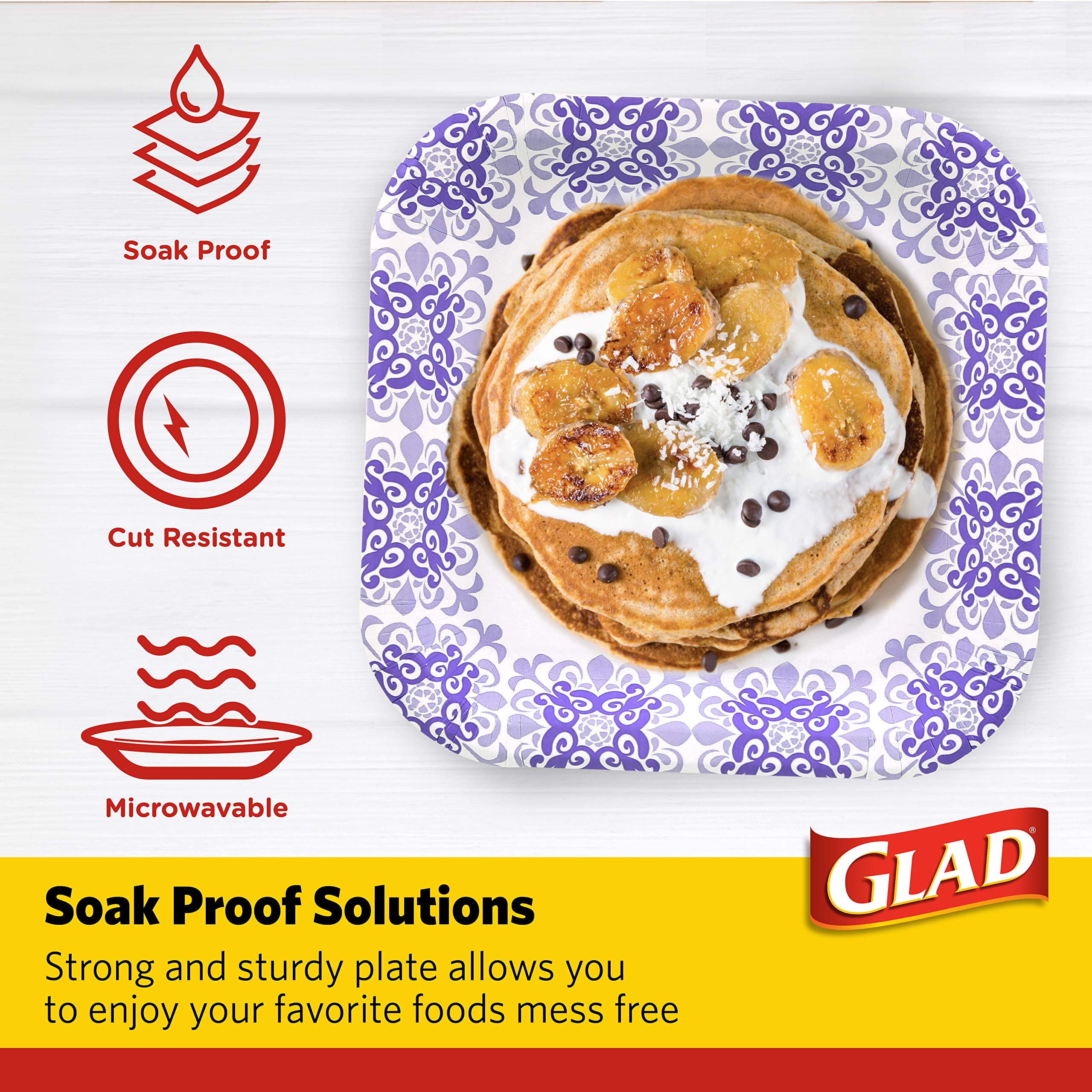Glad Square Disposable Paper Plates For All Occasions | Soak Proof, Cut Proof, Microwaveable Heavy Duty Disposable Plates | 8.5