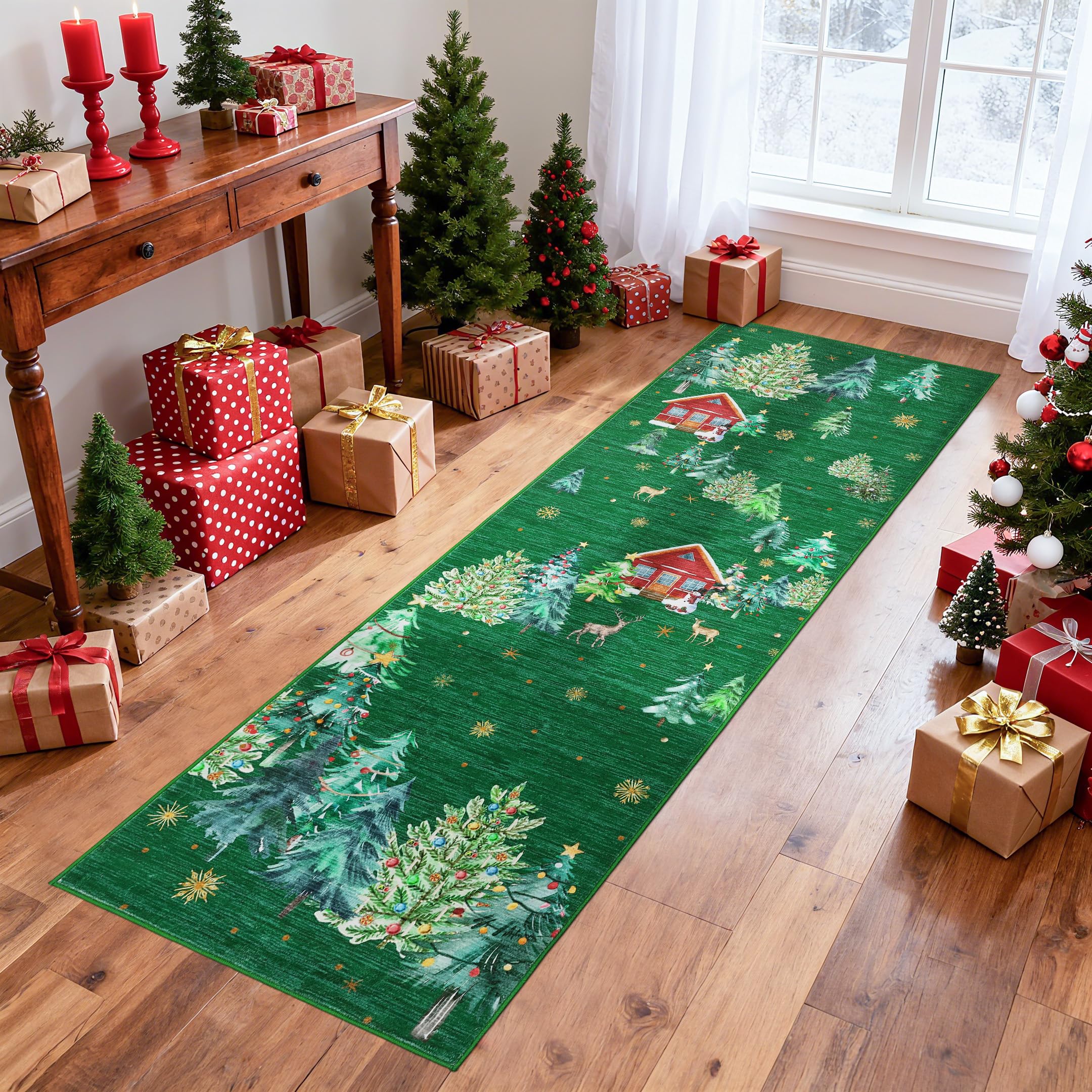 GarveeHome Christmas Washable Runner Rug 2x8 Kitchen Rugs Non Slip Bath Rugs Low Pile Entryway Rug Xmas Tree Foldable Stain Resi
