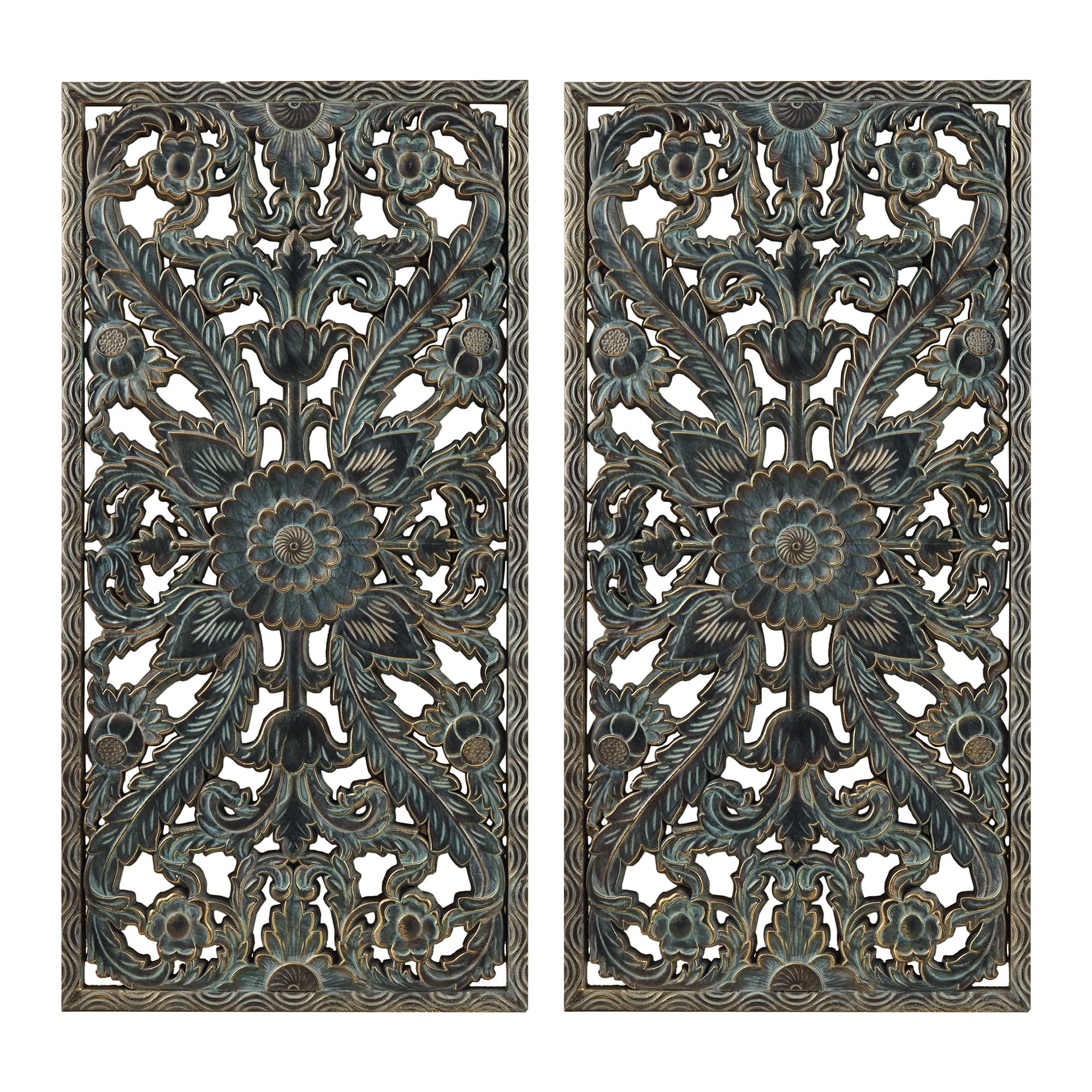 Madison Park Wall Art Living Room D  cor - Floral Antiqued Wooden Carving Wall Decor Panel, Copper Embellished, Ready to Hang Wa