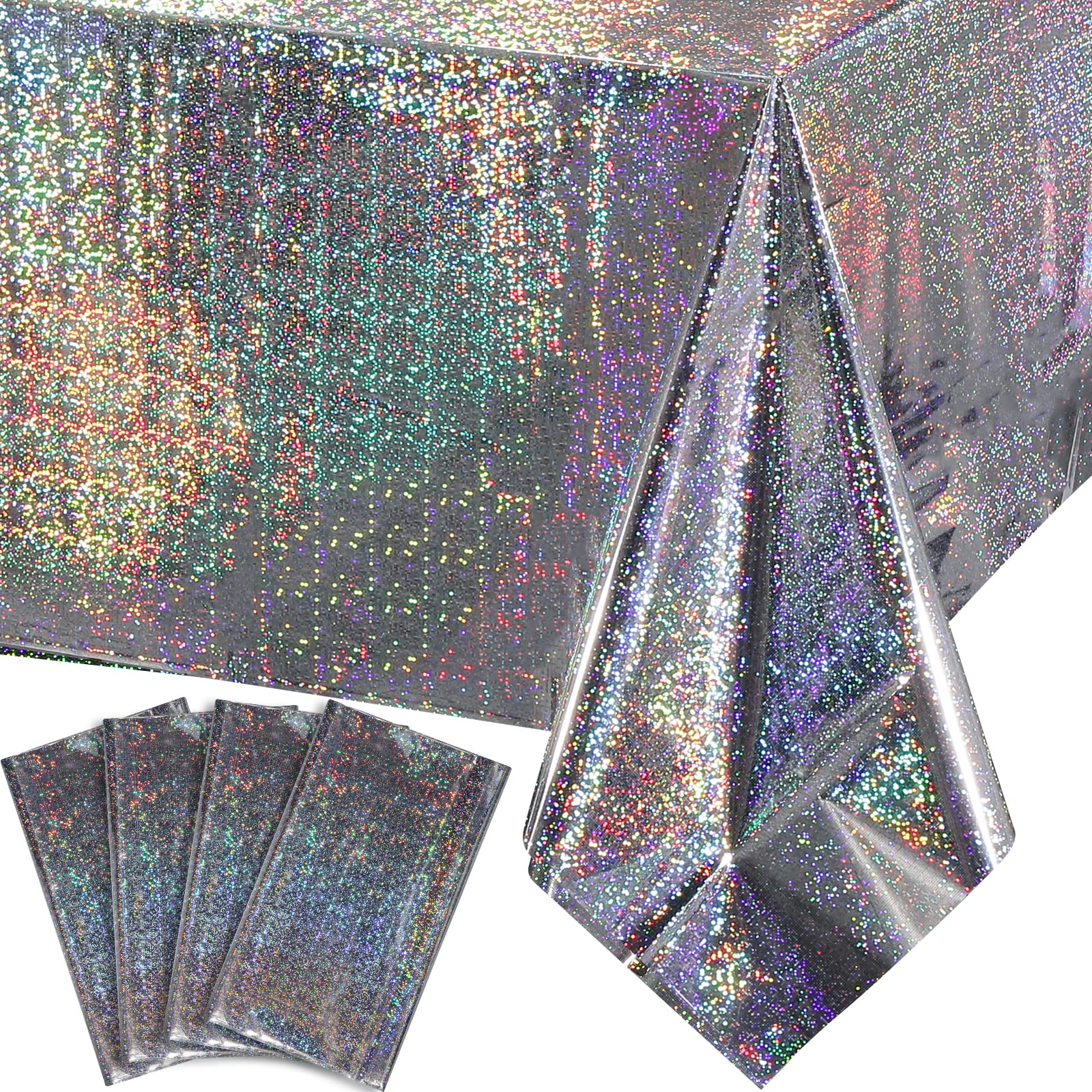 FunnyPars 4 Pack Iridescent Plastic Tablecloths Shiny Disposable Laser Rectangle Table Covers Holographic Foil Tablecloth Irides