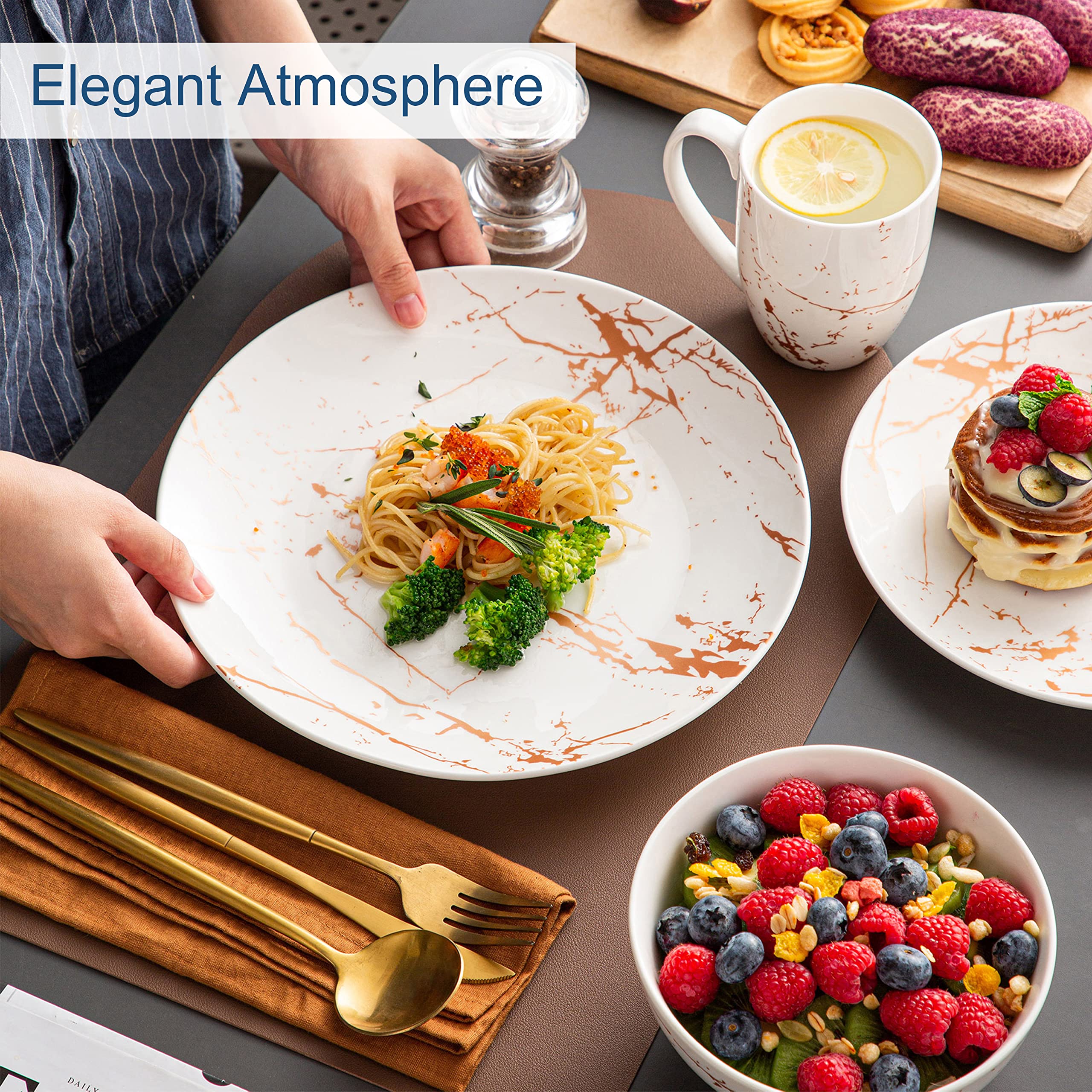 LOVECASA White Dinnerware Sets for 4, 16 Piece Porcelain Dish Set Plates and Bowls Sets, Gold Splash Glaze Ceramic Dinner Set wi