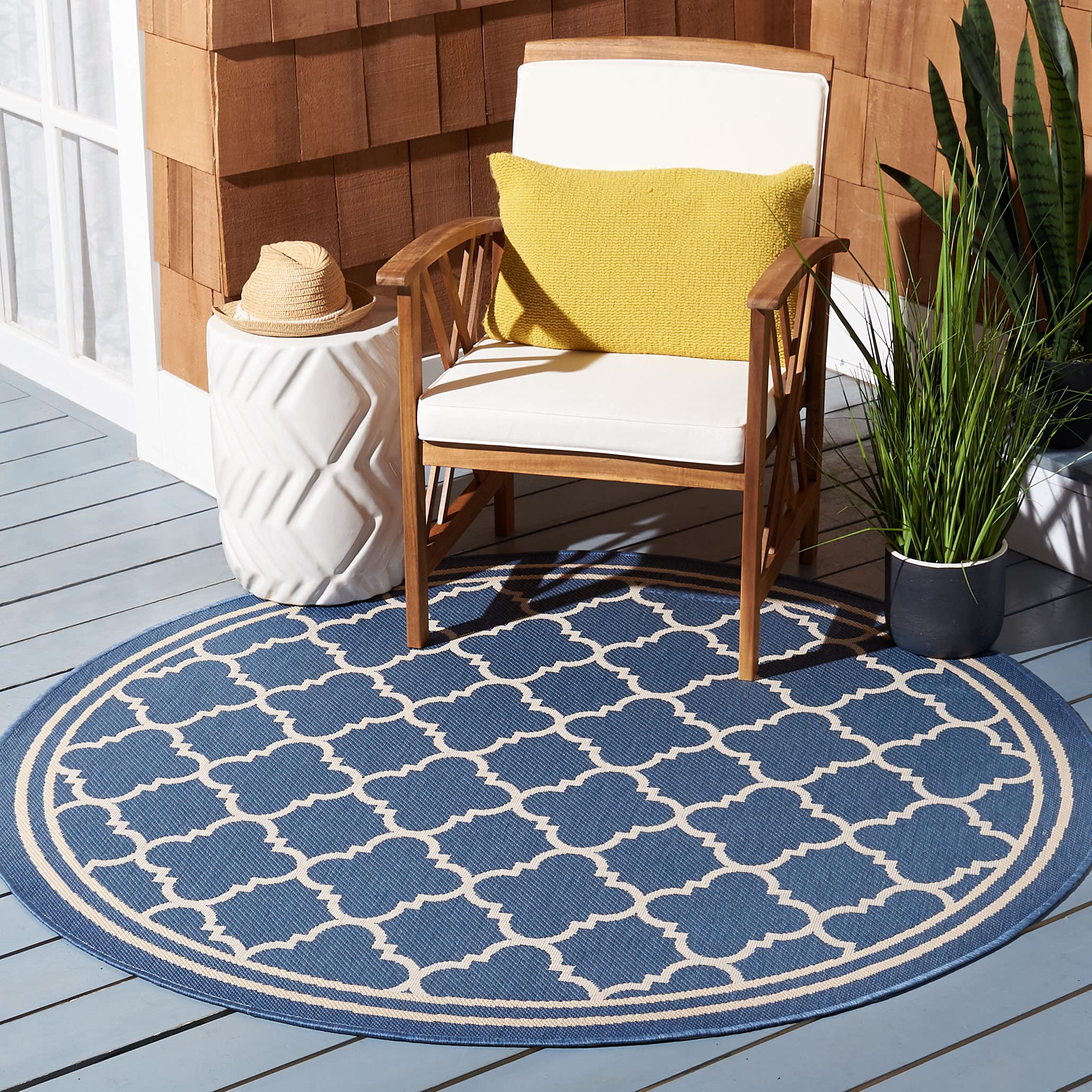 SAFAVIEH Courtyard Collection 4 Round Blue/Beige CY6918 Trellis Indoor/ Outdoor Splashproof Easy Scrubbing Patio Backyard Mudro