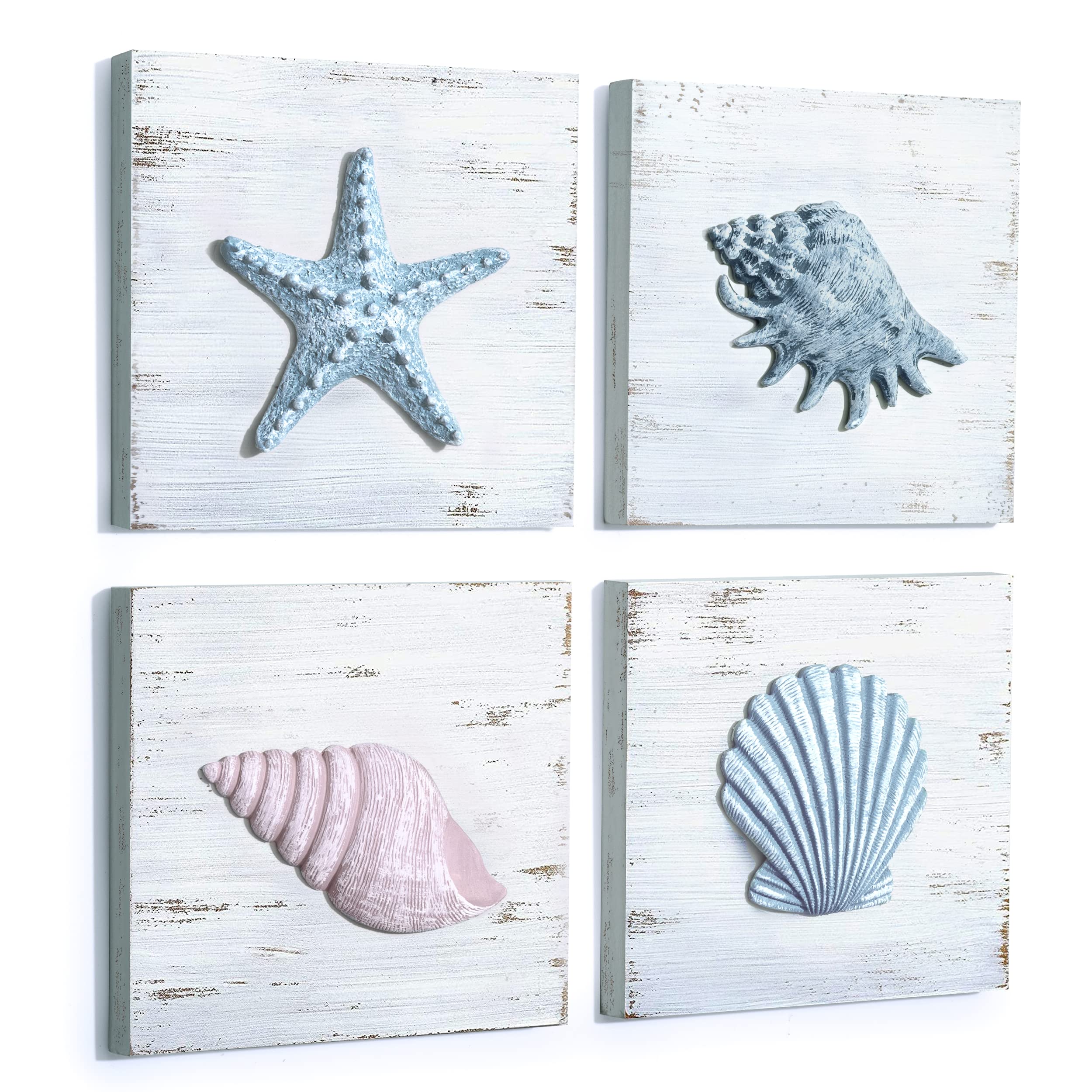 TideAndTales Beach Decor Seashell Wall Art - (Set of 4) Textured 3D Shells and Starfish Decorations for Home or Beach House, Rus