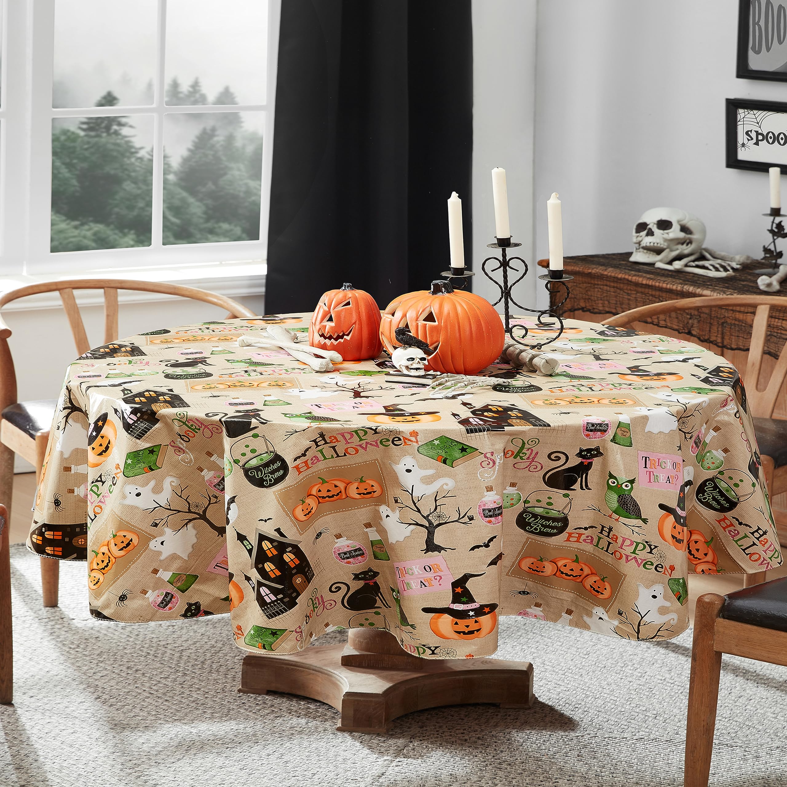 Newbridge Happy Halloween Witches Brew 60 x 84 Inch Oval Vinyl Tablecloth with Flannel Backing