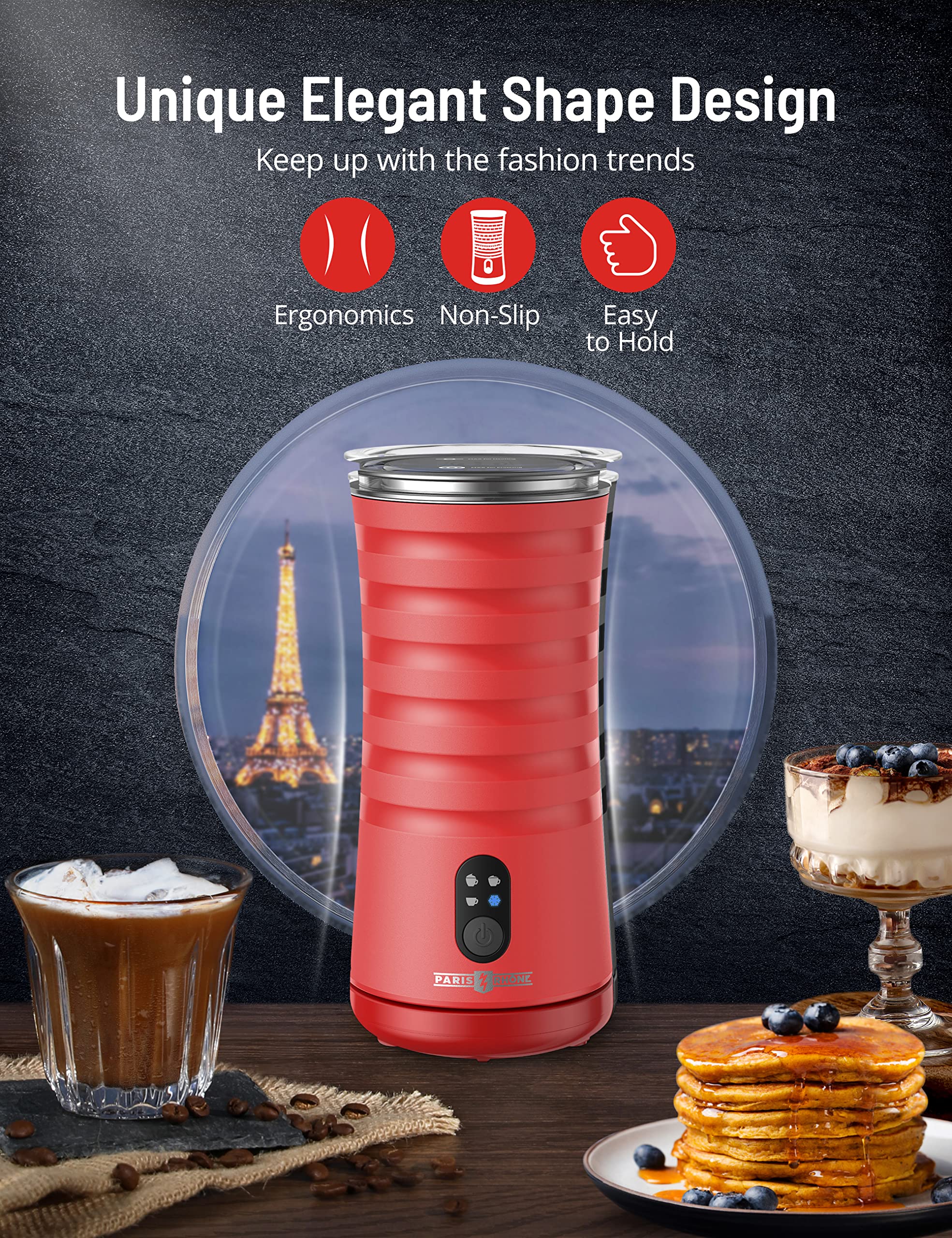 Milk Frother  Paris Rh?ne 4-in-1 Milk Frother and Steamer  Non-Slip Stylish Design  Hot & Cold Milk Steamer with Temperature Control  Auto Shut-Off Frother for Coffee  Latte  Cappuccino  Macchiato