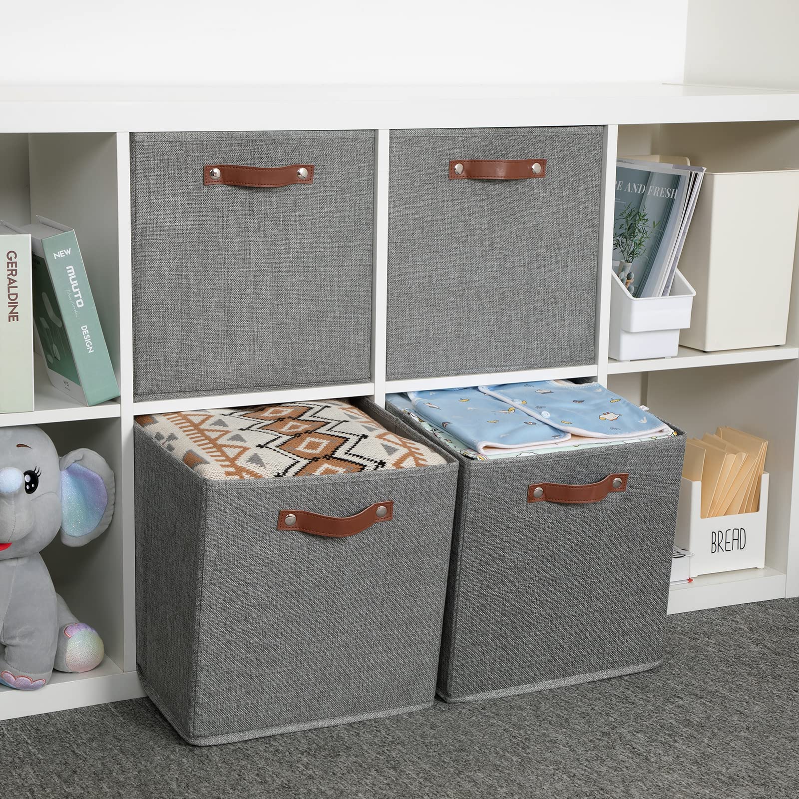 HNZIGE Fabric Storage Cubes Bins Baskets for Shelves Set of 4 Baskets  13 Inch Storage Bins with Handles  Foldable Storage Cube Organizer Bins Closet Bins Organizing Home Nursery Cubby Room (Gray)