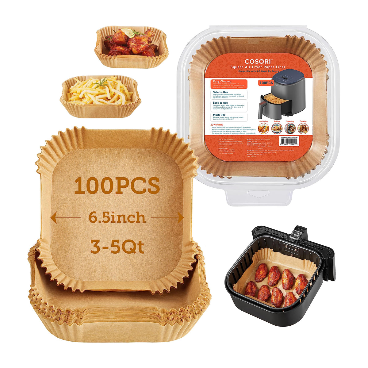 Cosori Air Fryer Liners, 100 Pcs Square Disposable Paper Liners, Non-Stick Silicone Oil Coating, Little To No Cleaning, 6.5'' Un