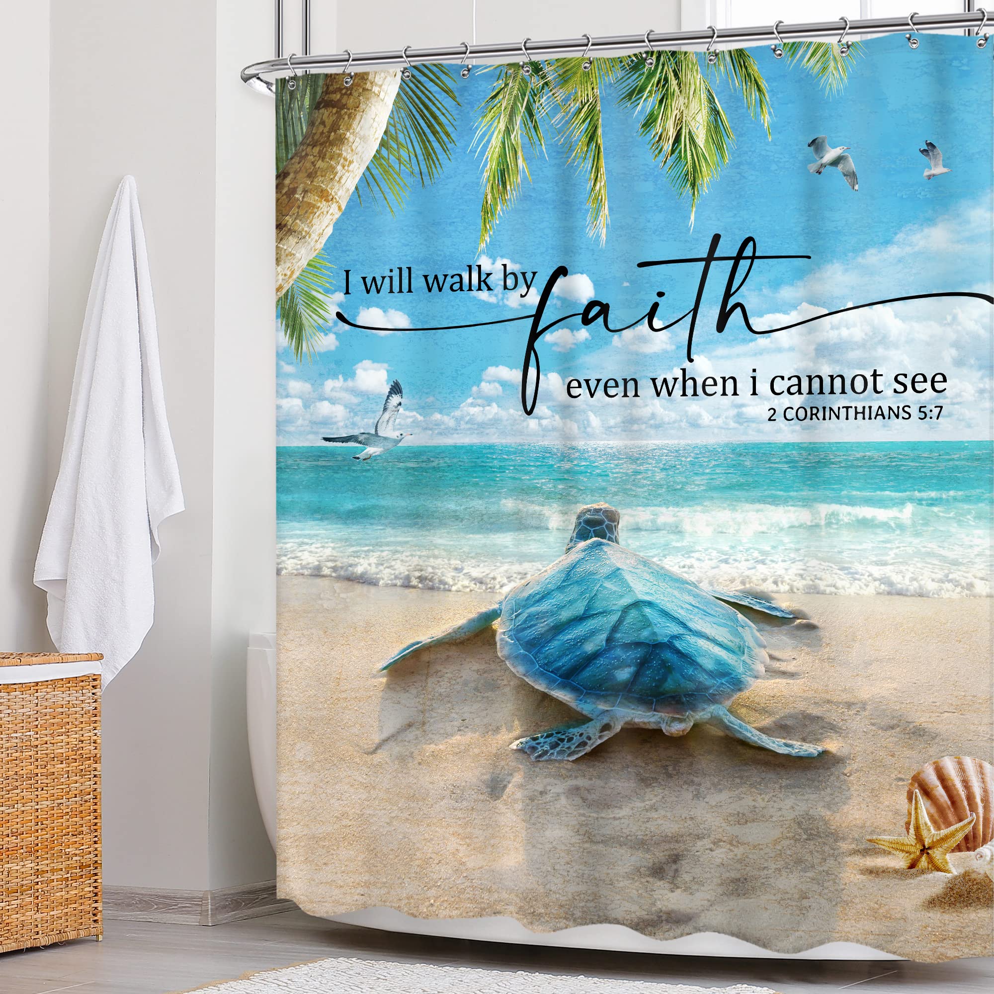 Newsely Beach Turtle Bible Verse Shower Curtain 60Wx72H Inch Rustic Blue Ocean Sea Turtle Animal Summer Coastal Scenery Bathroom