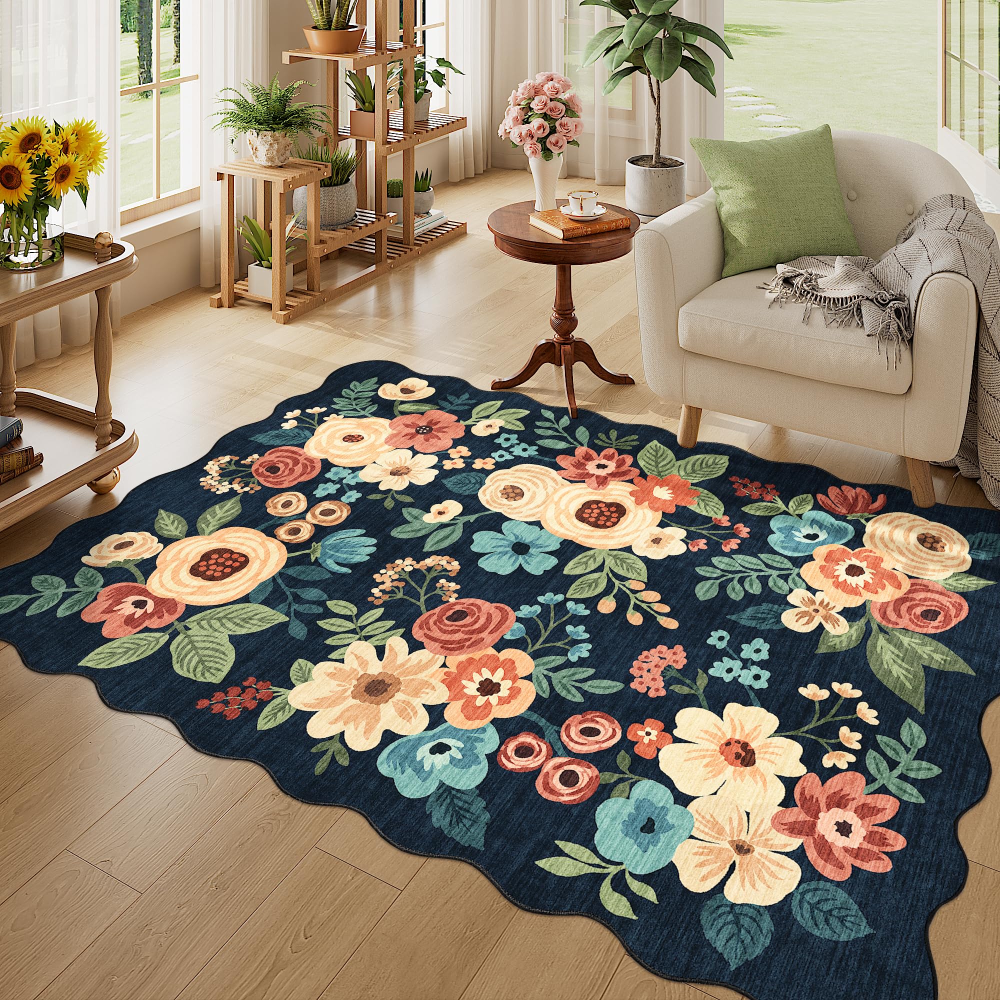 DUKINO 4x6 Area Rug, Floral Non-Slip Indoor Washable Rug with Low Pile & Non-Shedding, Lightwight Boho Design Carpet for Entrywa