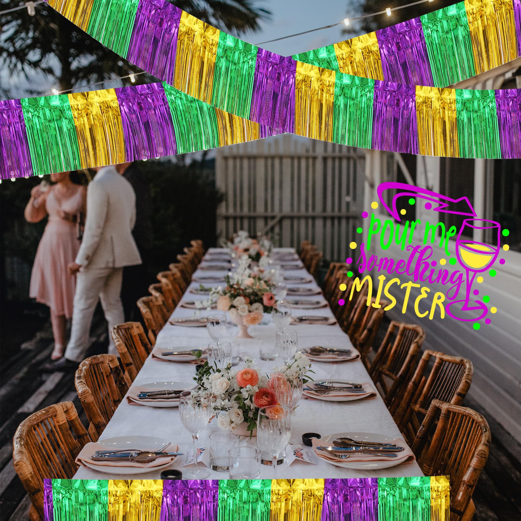 2 Pack 10 Feet Green Gold Purple Foil Fringe Garland Metallic Tinsel Streamers Banner Fringe Backdrop Banner for Parade Floats M