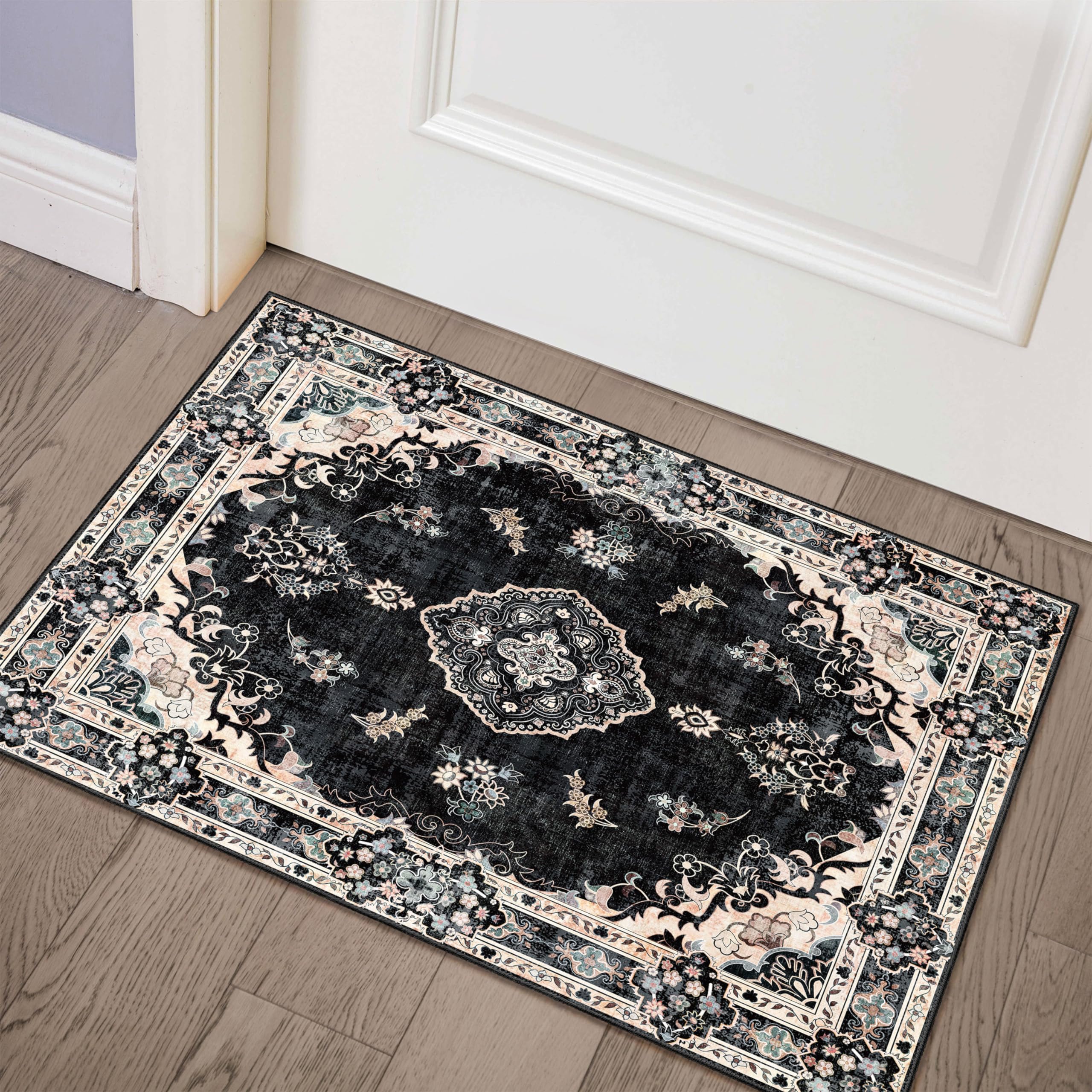 MUJOO Black Rug 2x3,Small Washable Area Rugs for Entryway Kitchen Bathroom Bedroom,Boho Vintage Bohemian Distressed Farmhouse 