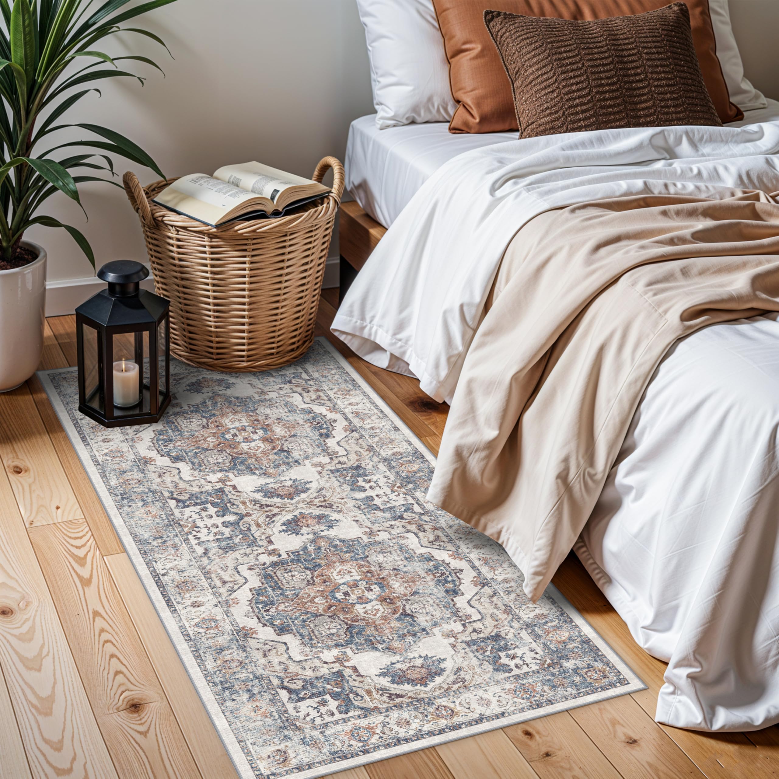 2x4 Washable Kitchen Runner Rug: Vintage Non-Slip Low Pile Entryway Area Rugs Thin Light Weight Carpet for Nursery Bedroom Soft