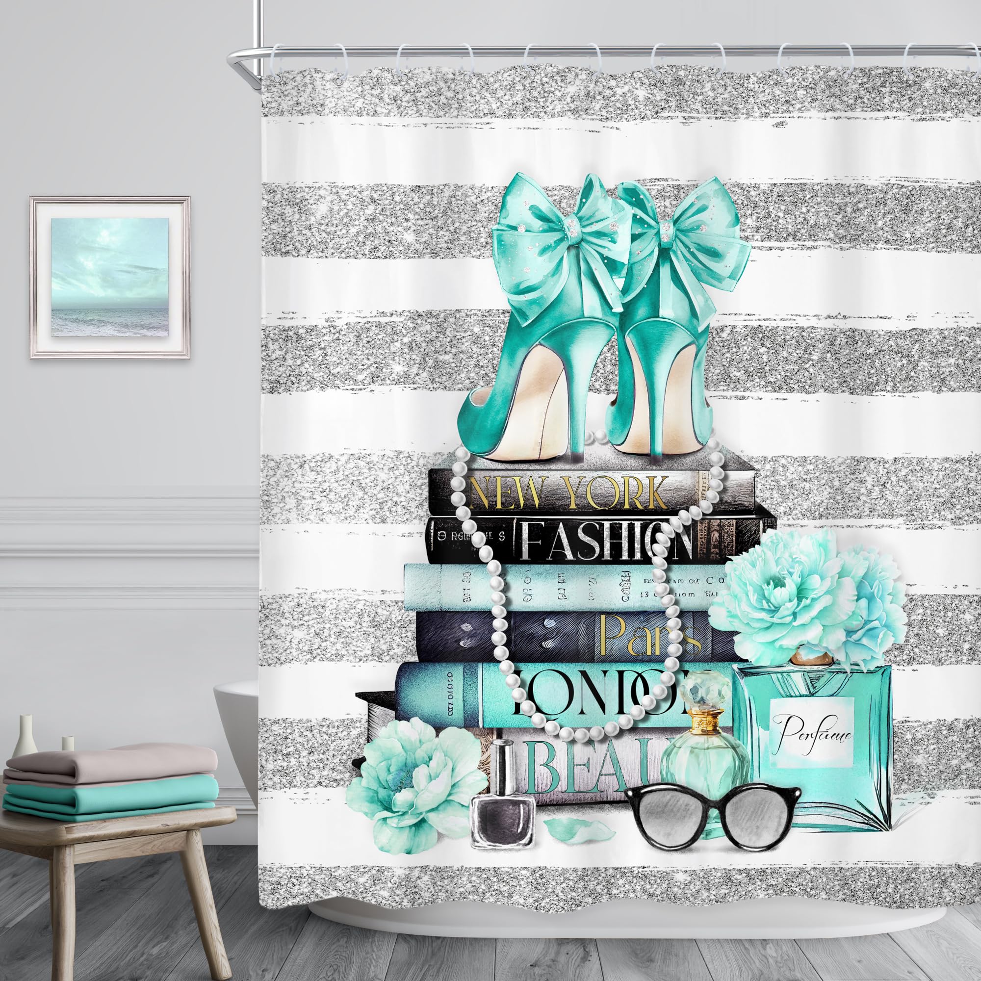 Riyidecor Fashion Women Shower Curtain 60Wx72H Inch Teal Silver Modern Magazine Girly White Stripe Rose Flower High Heel Makeup for Girl Bathroom Decor Fabric Polyester Waterproof 12 Pack Hooks
