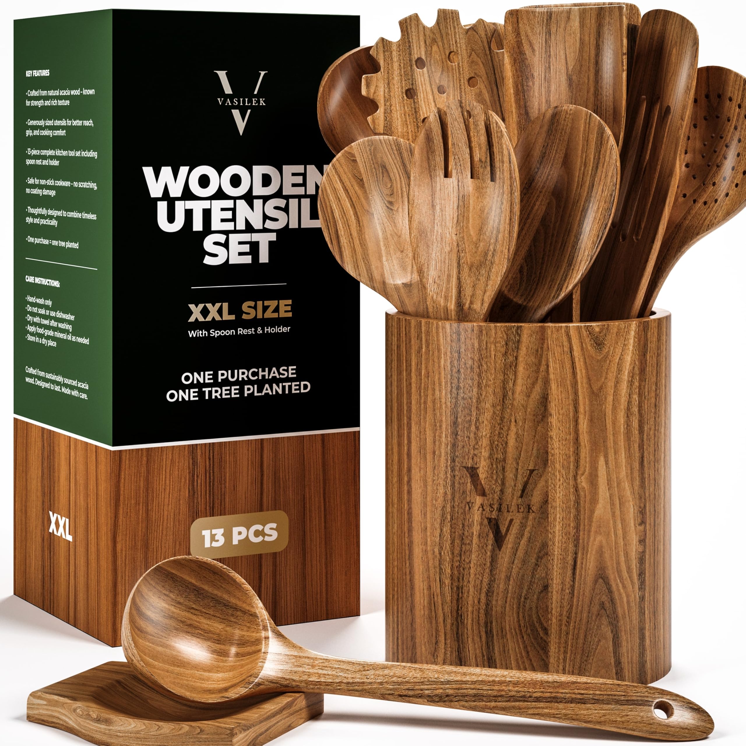 XXL Wooden Utensil Set, 13Piece Acacia Wood Tools with Holder & Spoon Rest