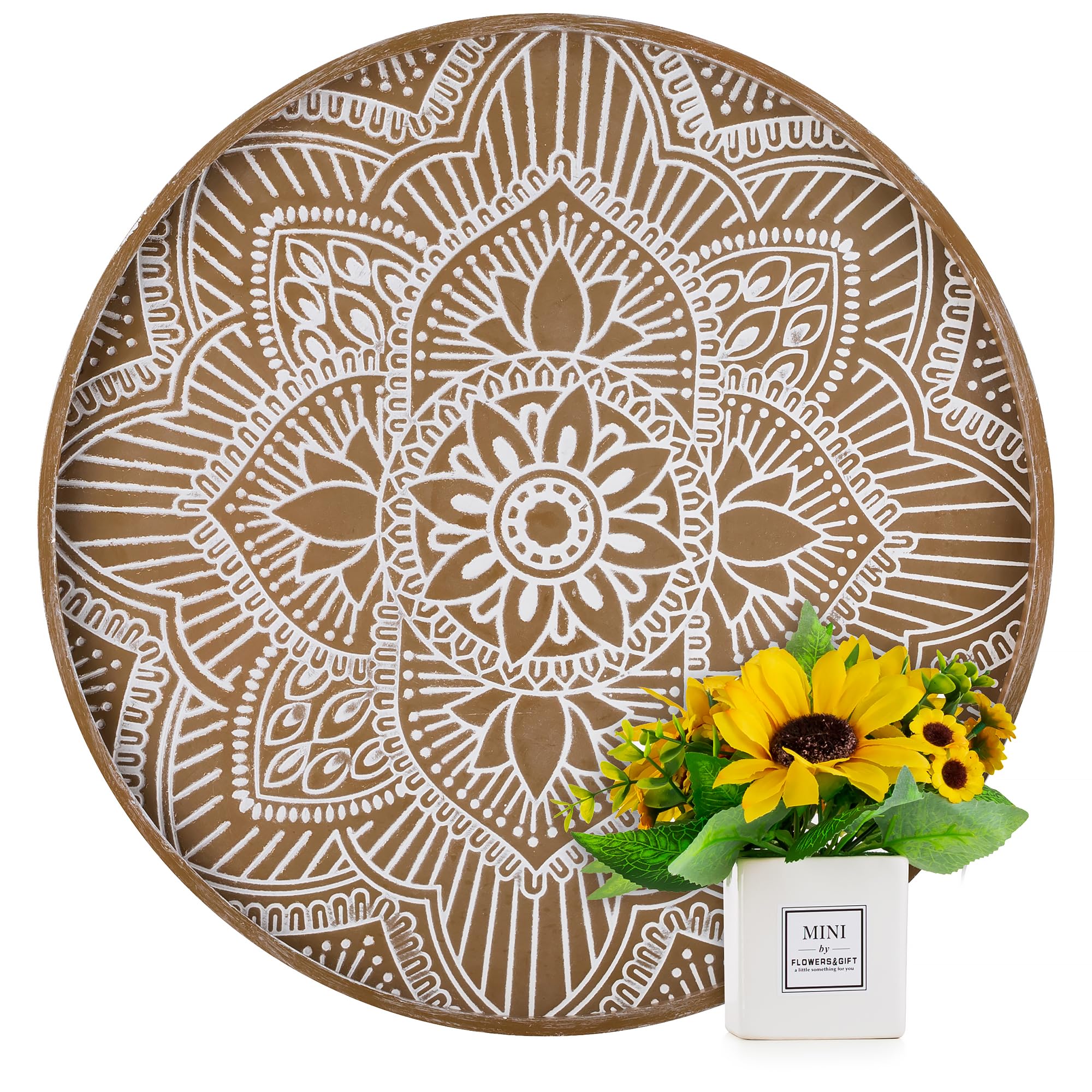 Hanobe Large Round Decorative Tray: Boho Coffee Table Trays Centerpiece for Home Decor - Rusti Brown Farmhouse Serving for Women