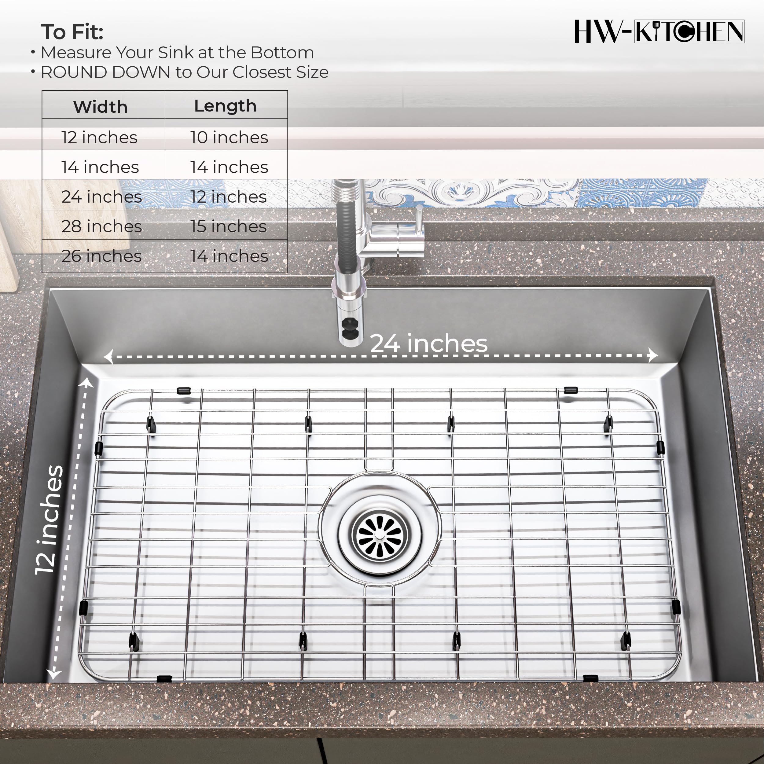 Hw-Kitchen 24'' X 12'' Sink Protector For Kitchen Sink - Stainless Steel Kitchen Sink Rack For Bottom For Sink - Sink Mat - Sink