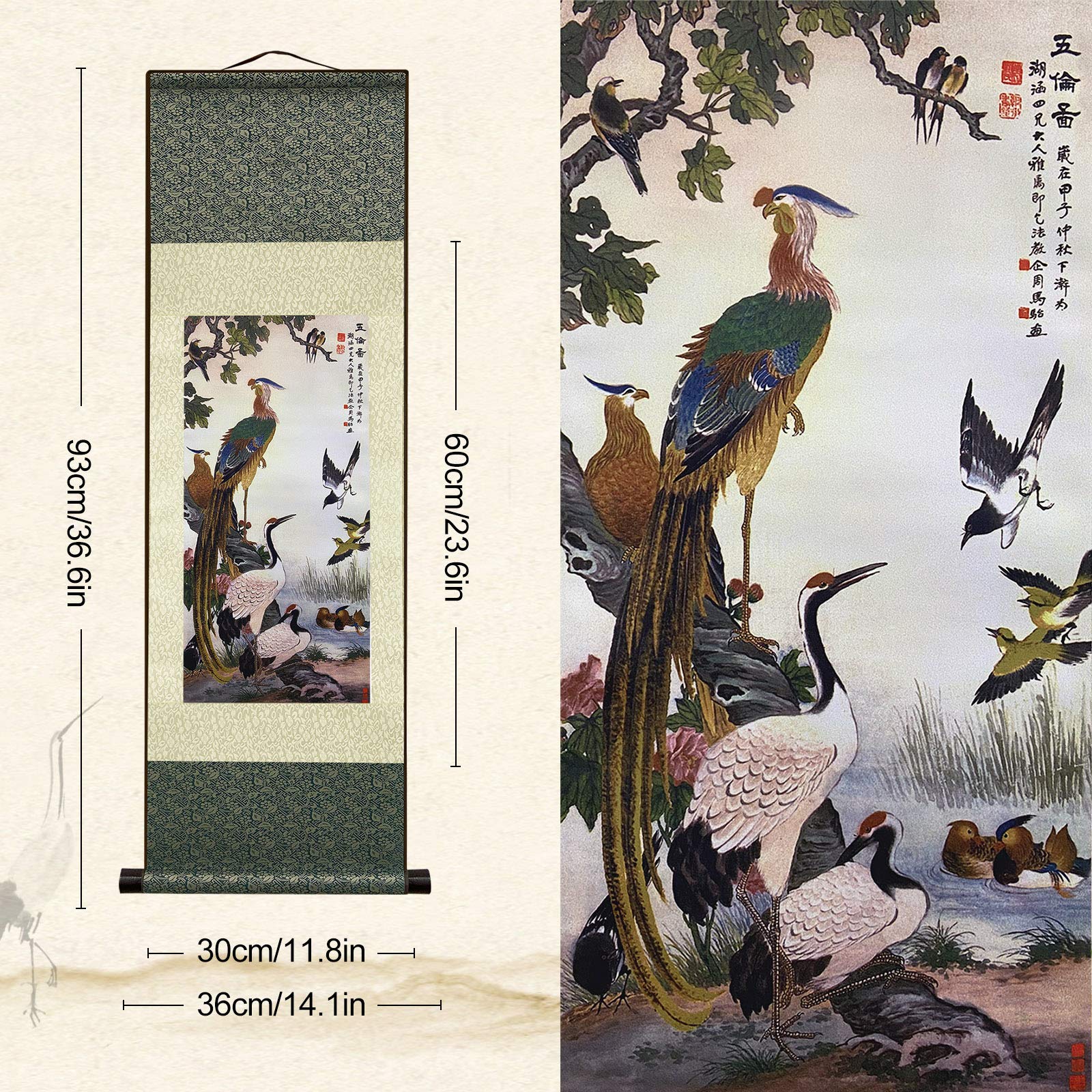 Atfart Asian Wall Decor Beautiful Silk Scroll Painting Birds - Wulun Diagram Oriental Decor Chinese Art Wall Scroll Wall Hanging
