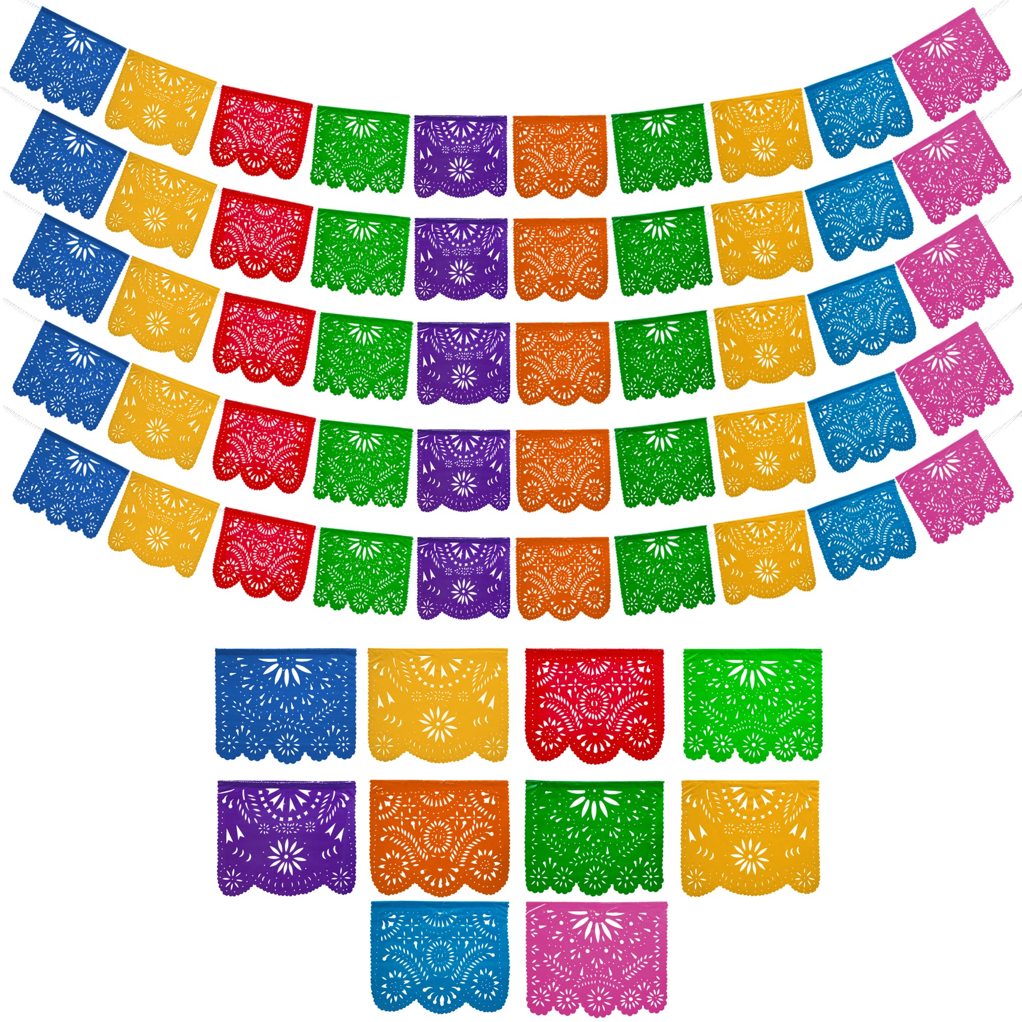 Mexican Party Banners (5 Pack with 10 Plastic Flags per Banner) - Papel Picado Mexicano para Fiesta - Plastic Papel Picado - Fie