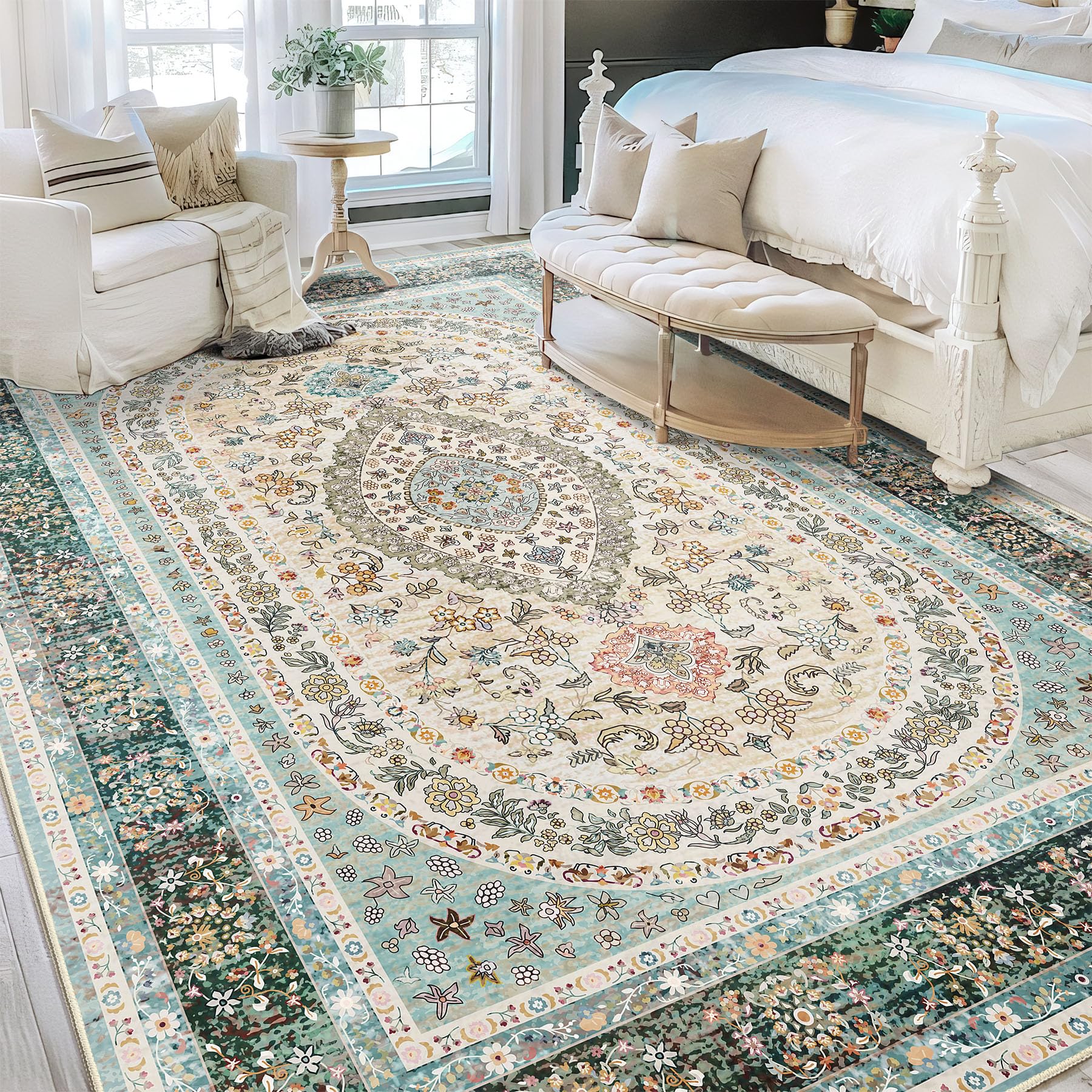 Castage 9x12 Area Rugs Washable,Blue Rug for Living Room Bedroom Dining Room,Large Boho Vintage Bohemian Distressed Oriental Car