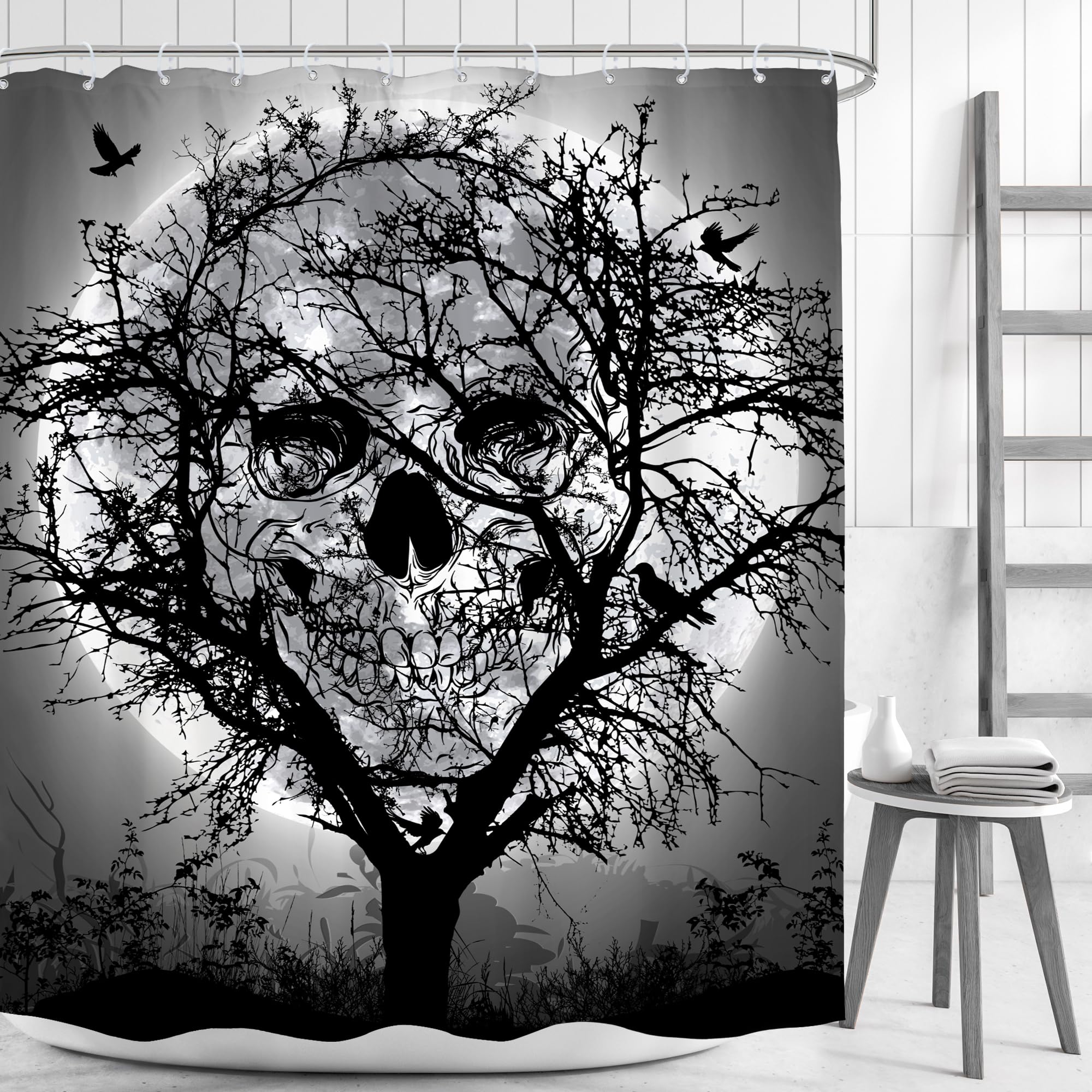Mitpok Gothic Sugar Skull Shower Curtain 60Wx72H Spooky Skeleton Abstract Bone Cool Witchy Moon Scary Black Trees Bird Woodland