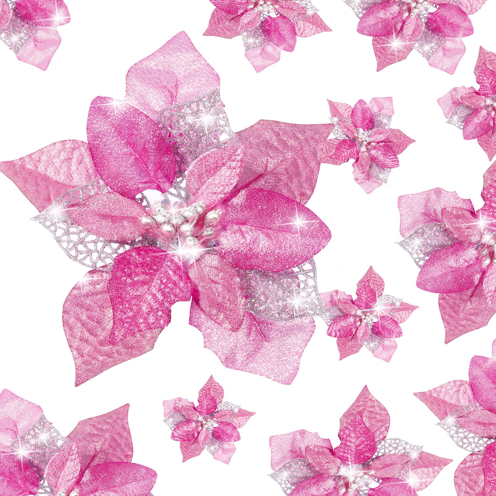 Boao 24 Pieces Christmas Artificial Glitter Poinsettia Flowers Xmas Flowers Wedding Christmas Tree New Year Ornaments (Pink)