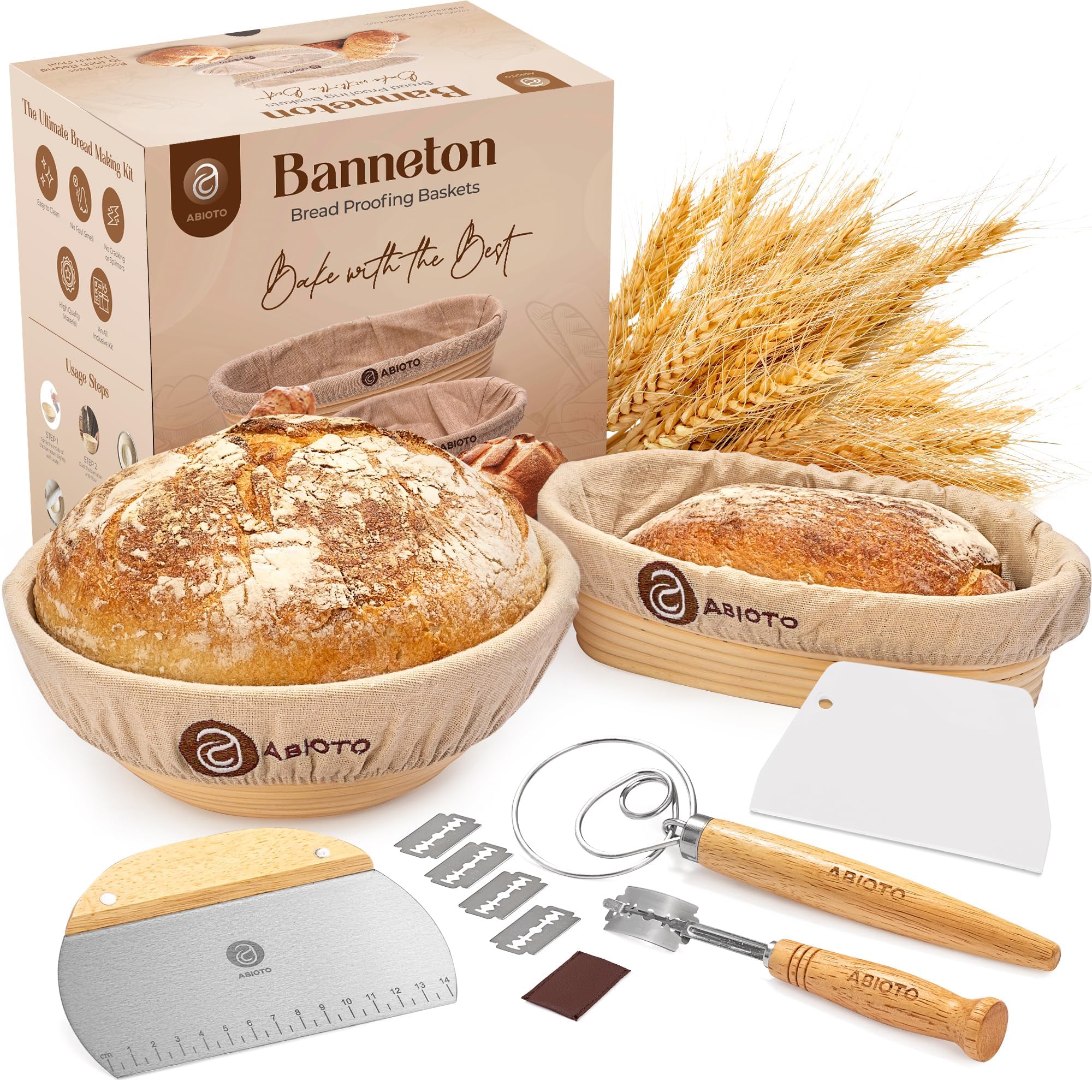 Sourdough Bread Baking Supplies And Proofing Baskets, A Complete Bread Making Kit Including 10'' Round & 11'' Oval Rattan Bannet