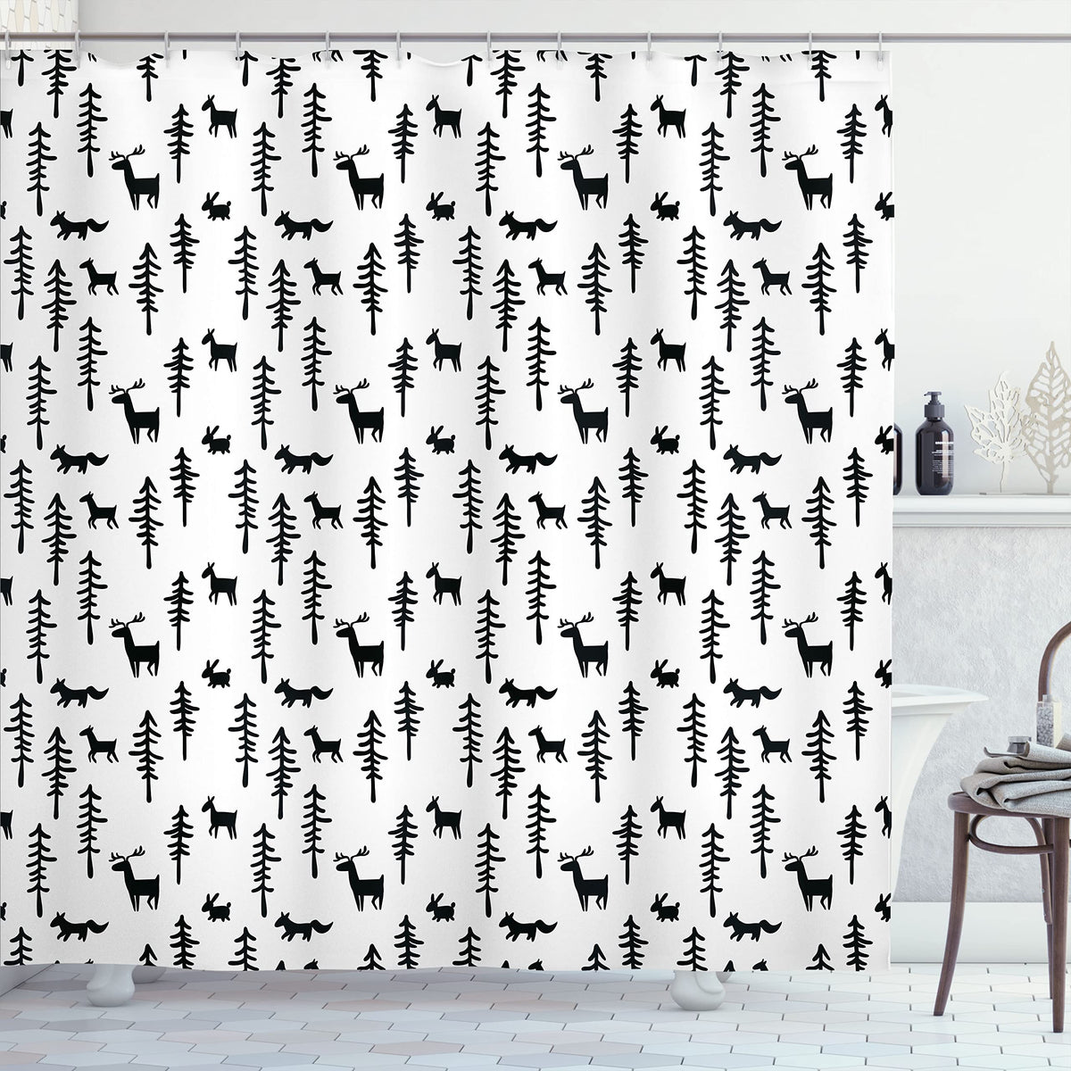 Ambesonne Forest Shower Curtain, Christmas Spirit Inspired Sketchy Reindeer Pine Trees Rabbits Animal Design, Cloth Fabric Bathr