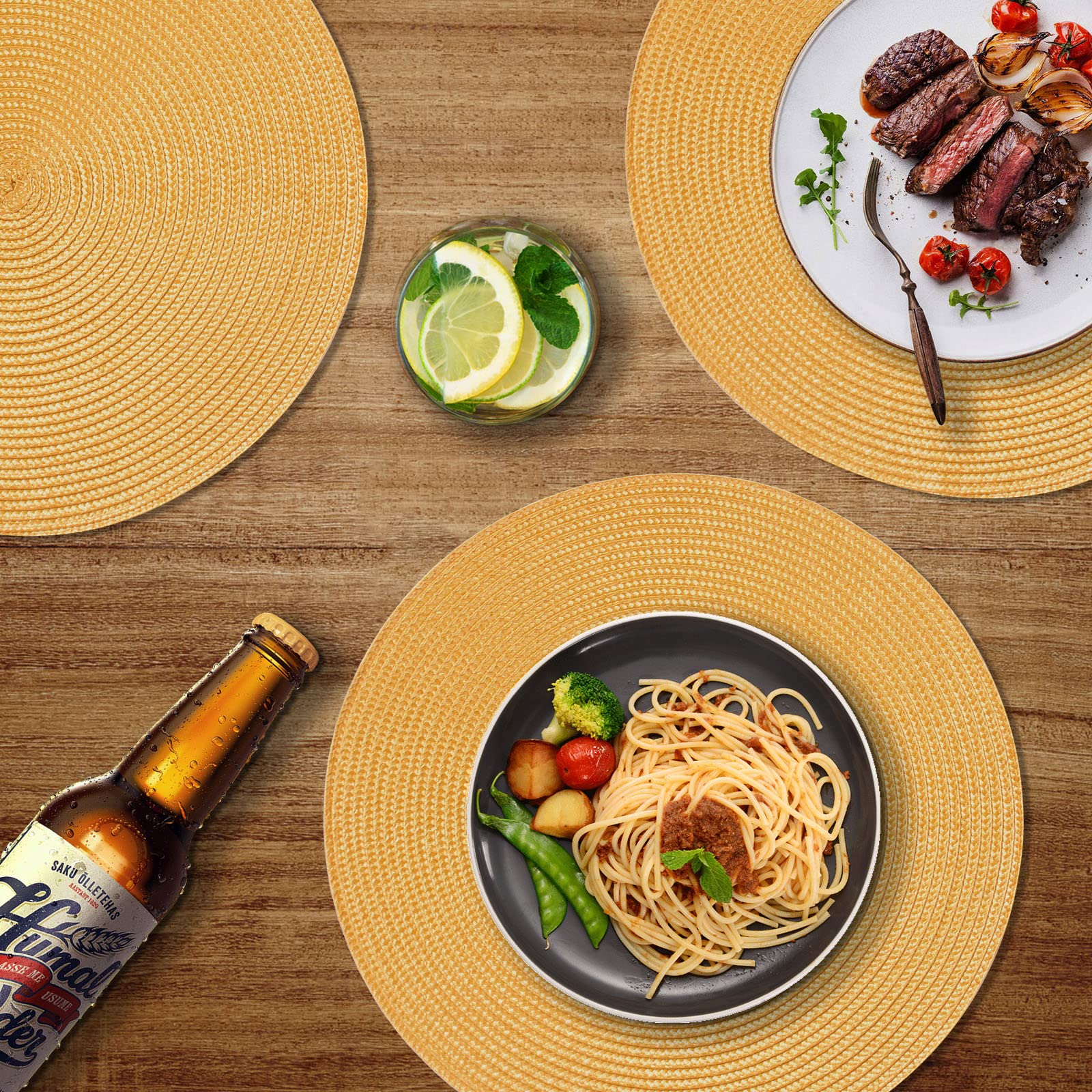 Funwheat Round Braided Placemats Set Of 6 Table Mats For Dining Tables Woven Washable Non-Slip Place Mats 15 Inch(Pumpkin Yellow