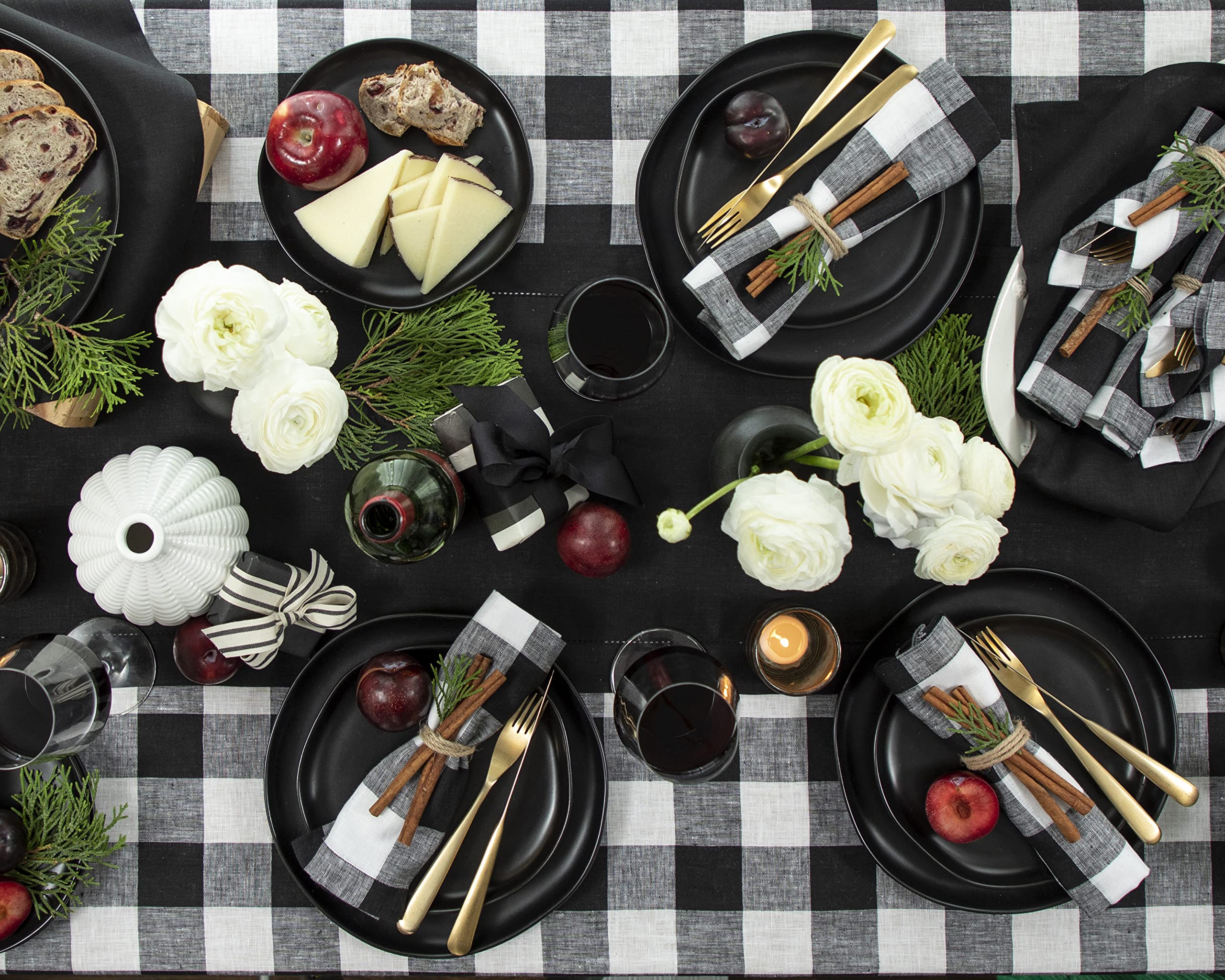 Solino Home Buffalo Check Linen Tablecloth 90 ''L X 60 ''W Inch - 100% Pure Linen Black And White Table Cloth For Rectangle Tabl
